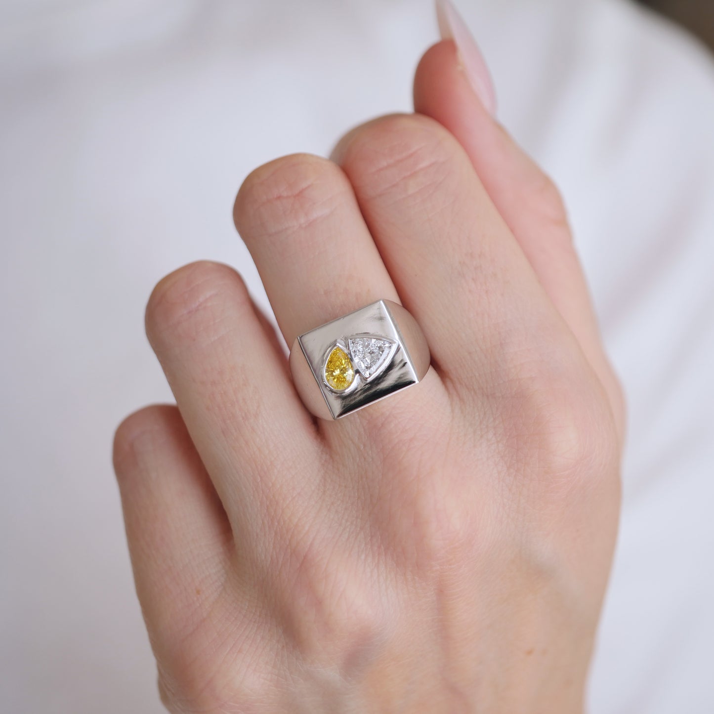 Custom Yellow Pear Shaped and Trillion Diamond Signet Ring