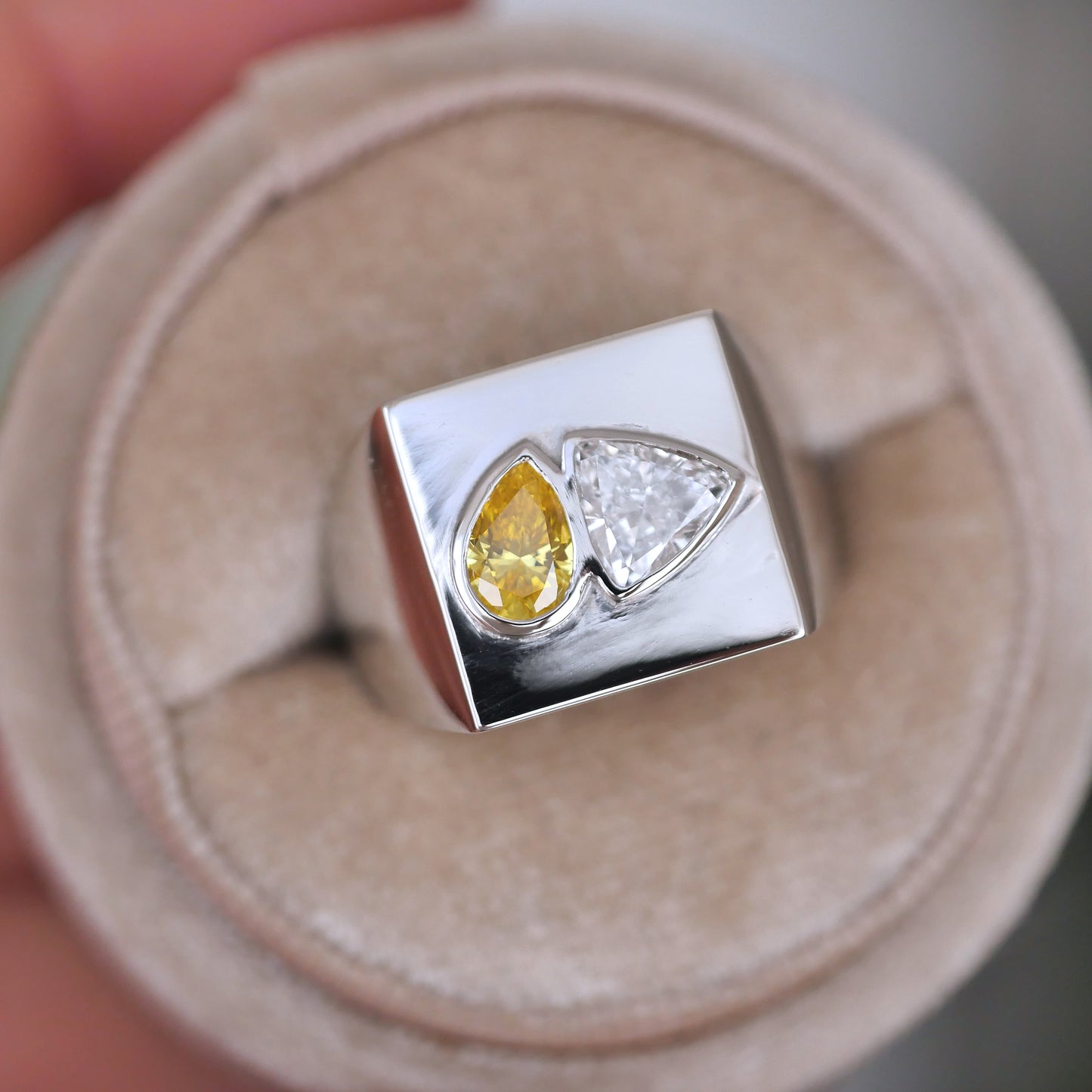 Custom Yellow Pear Shaped and Trillion Diamond Signet Ring