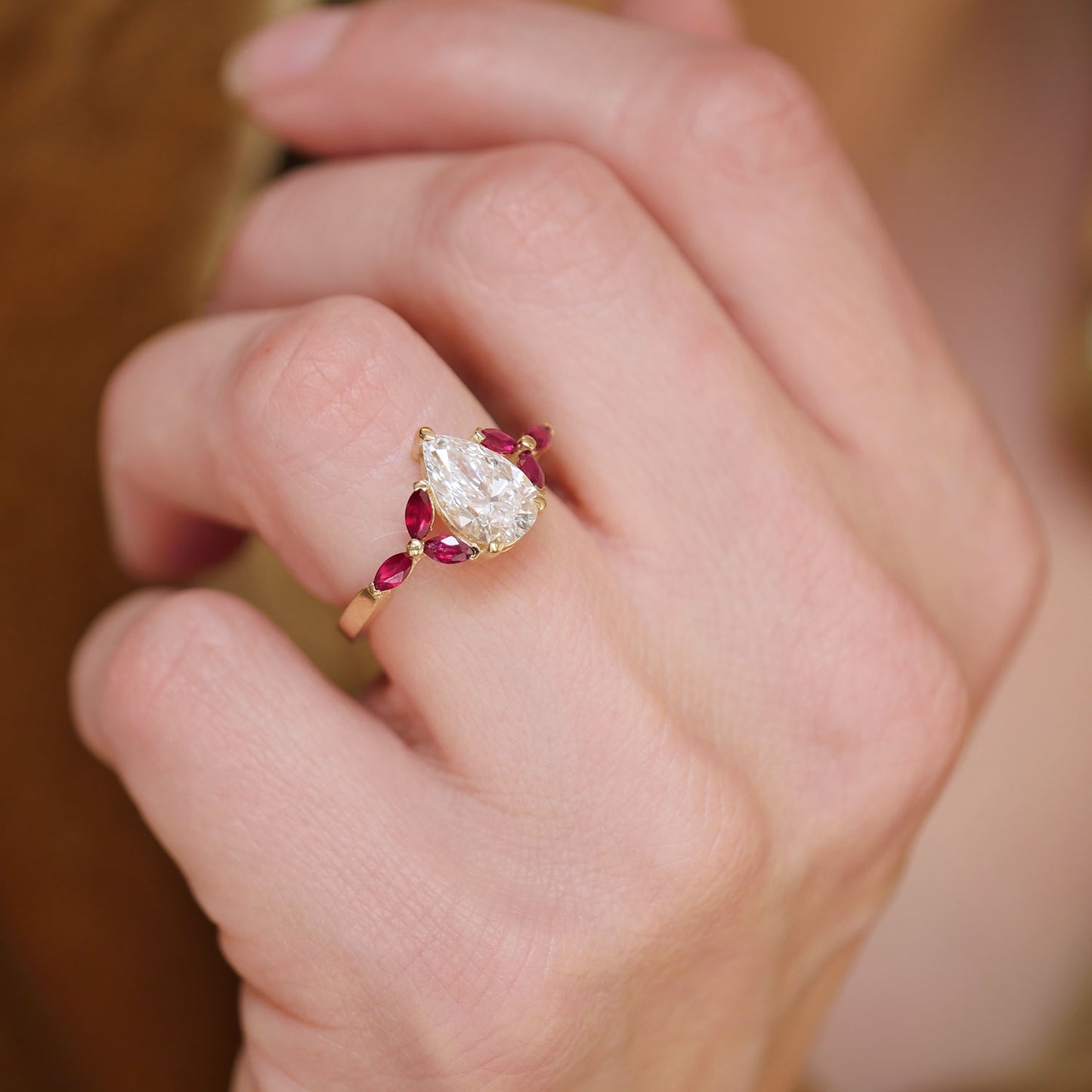 Custom Pear Diamond and Ruby Marquise Ring