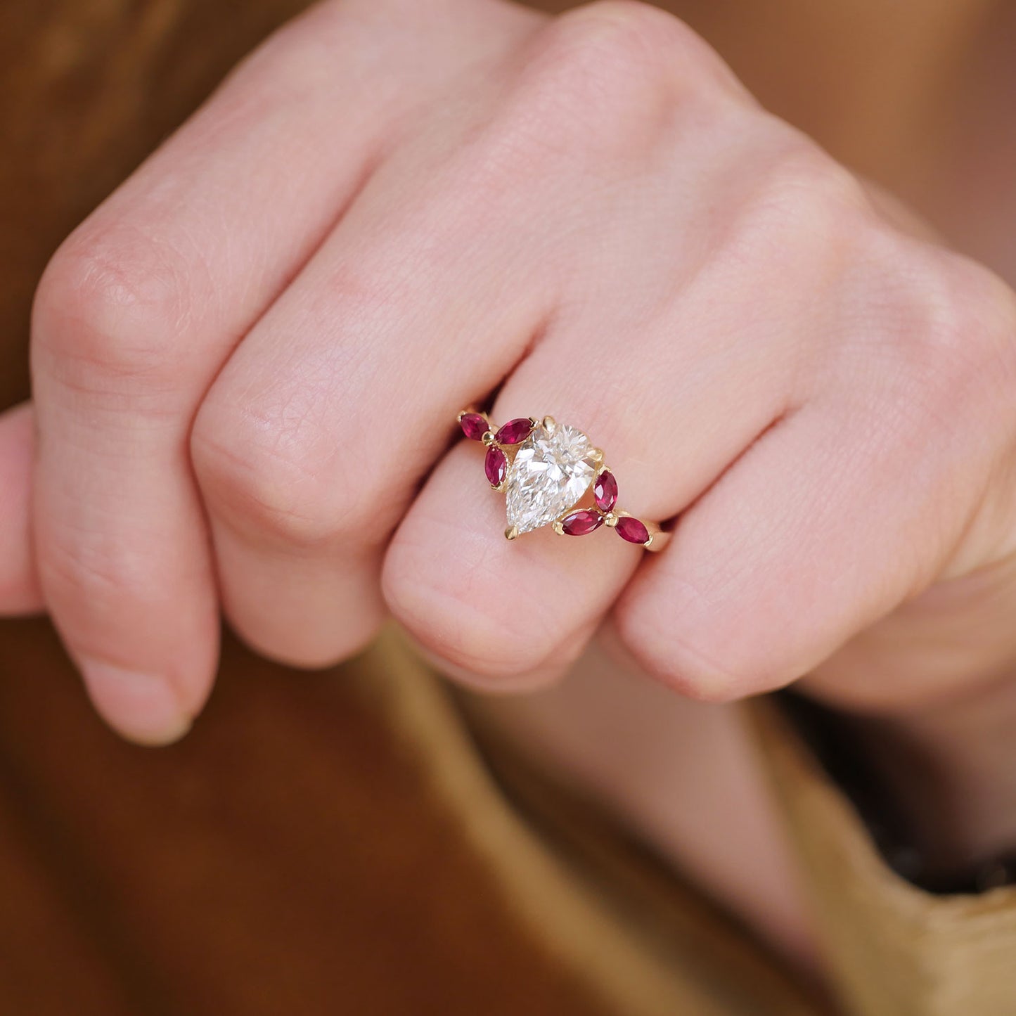 Custom Pear Diamond and Ruby Marquise Ring