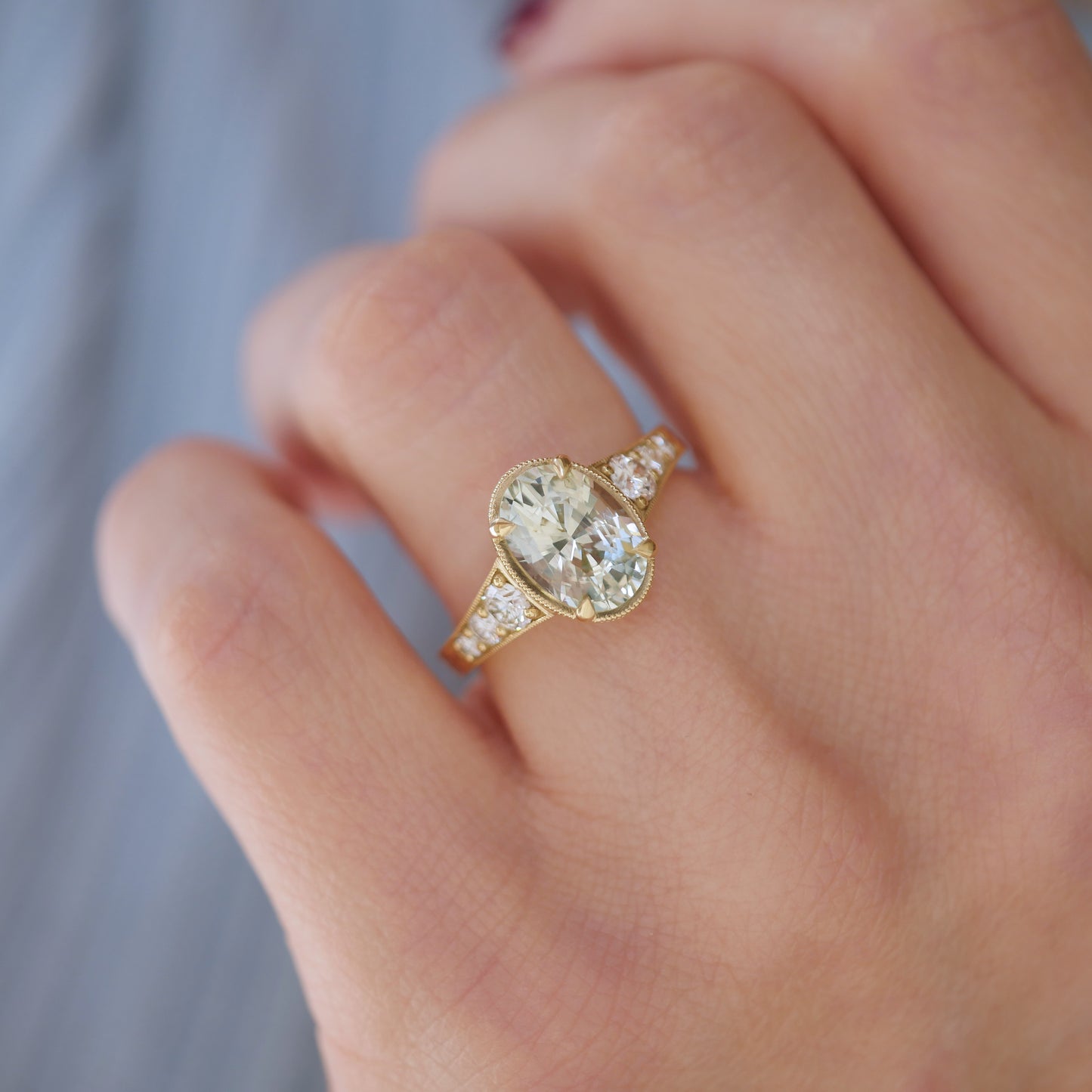 Custom Split Shank Oval Sapphire and Diamond Ring