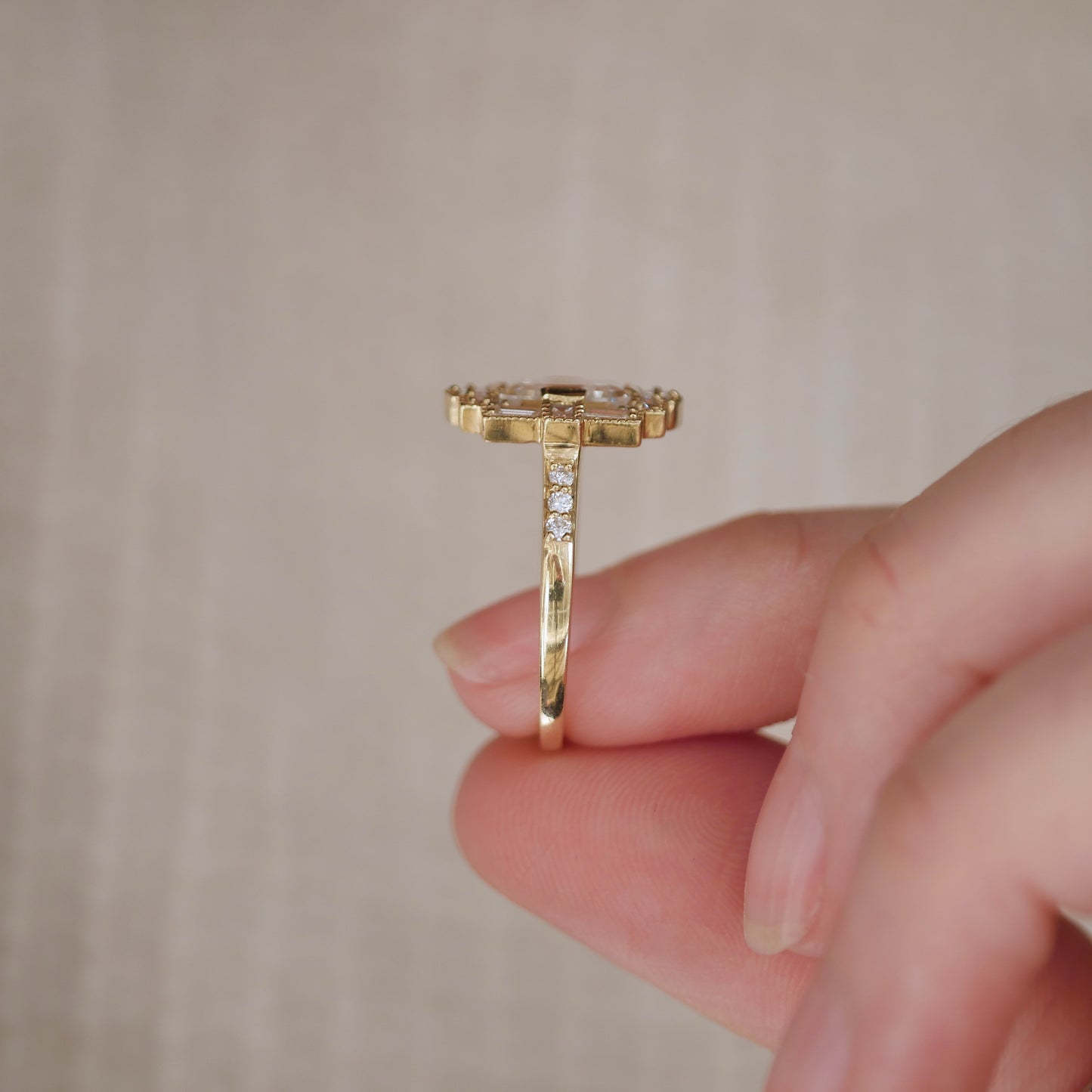 Deco Emerald Cut Moissanite Diamond Mosaic Ring