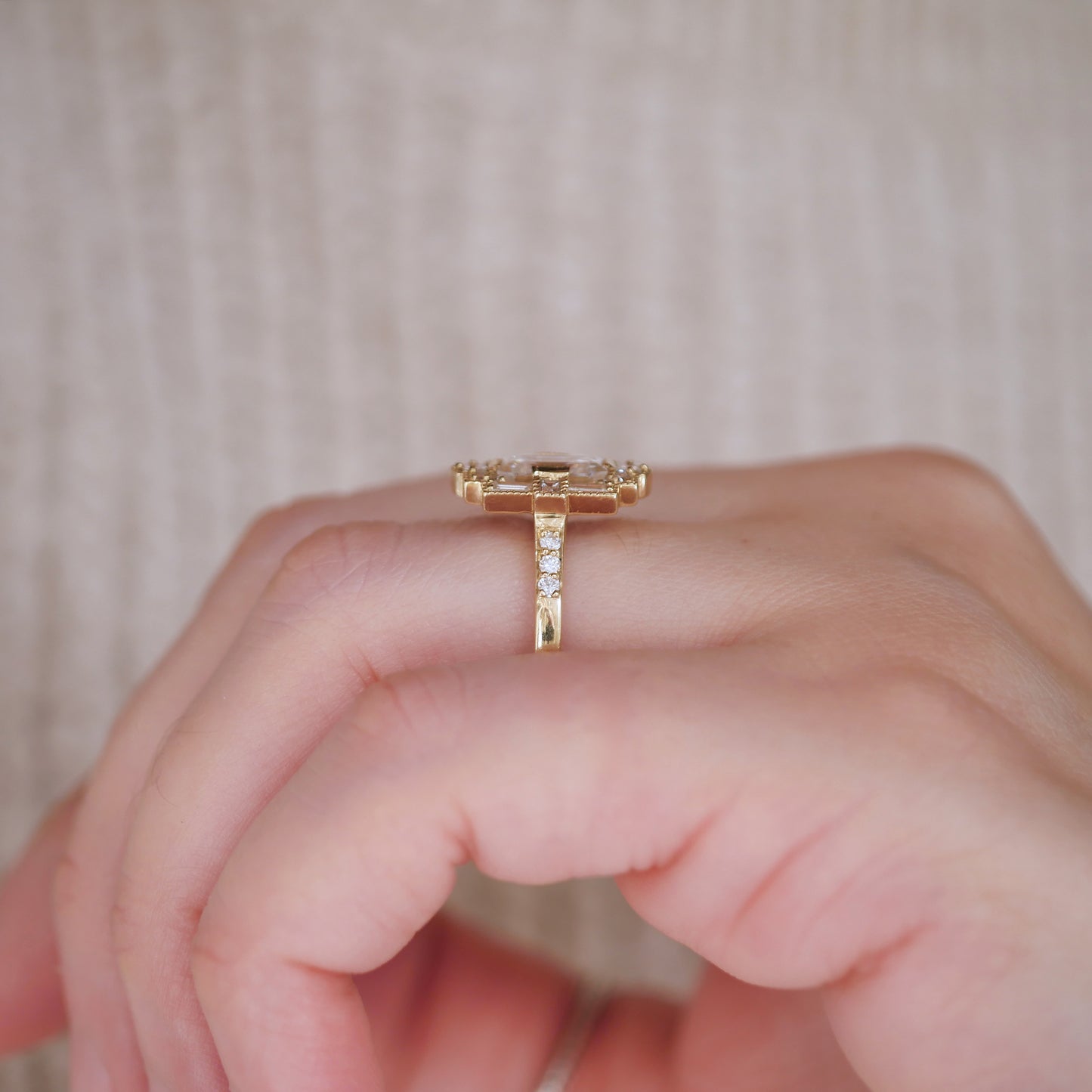 Deco Emerald Cut Moissanite Diamond Mosaic Ring