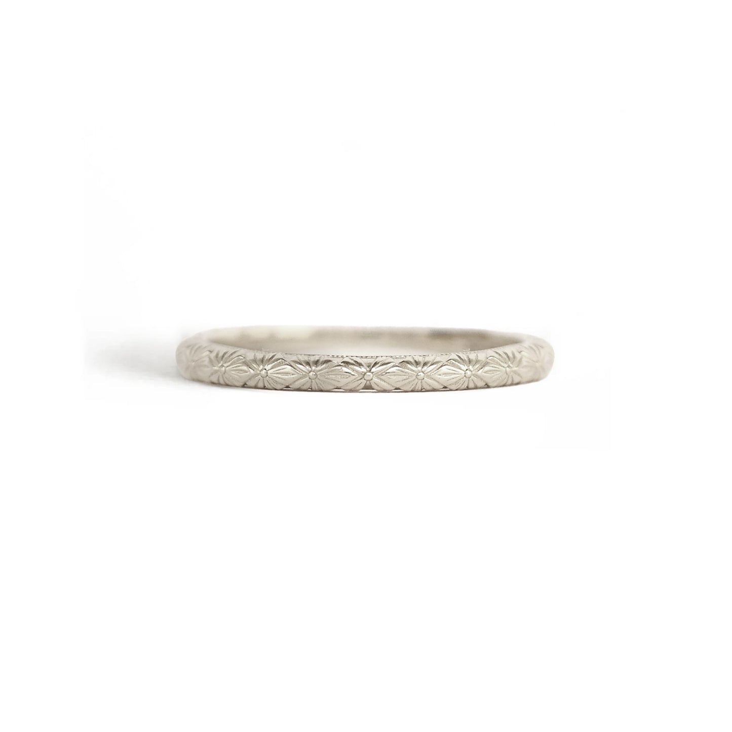 14k white gold delicate floral engraved stacking wedding band