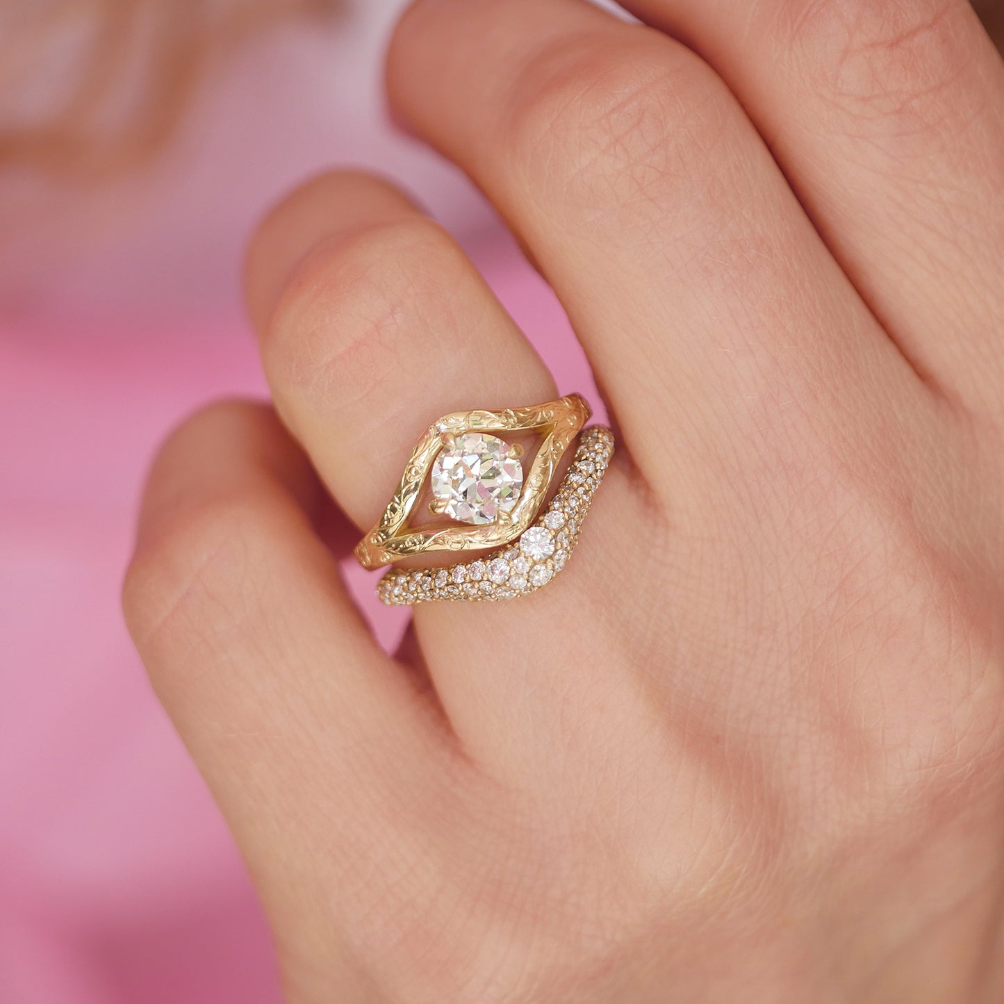 Engraved Split Shank Old European Cut Diamond Ring