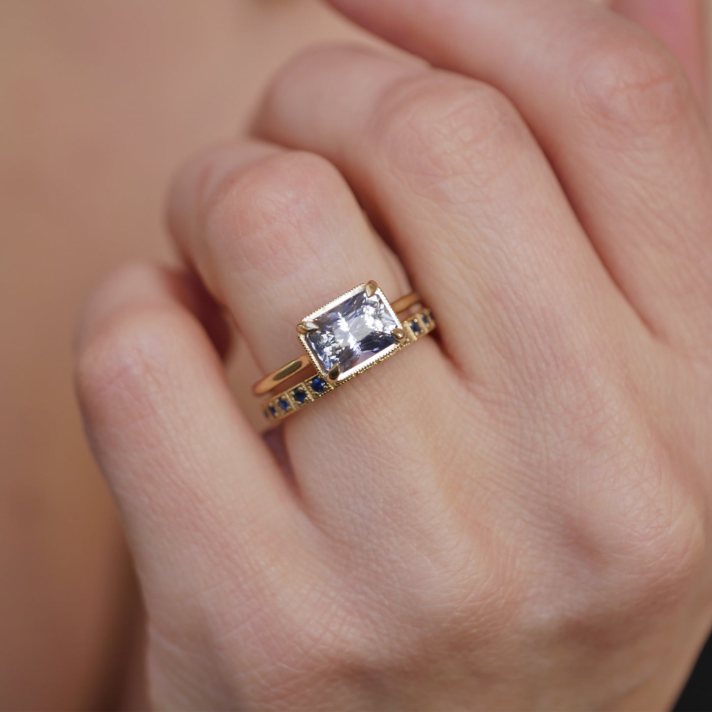 East West Radiant Bi Color Sapphire Solitaire