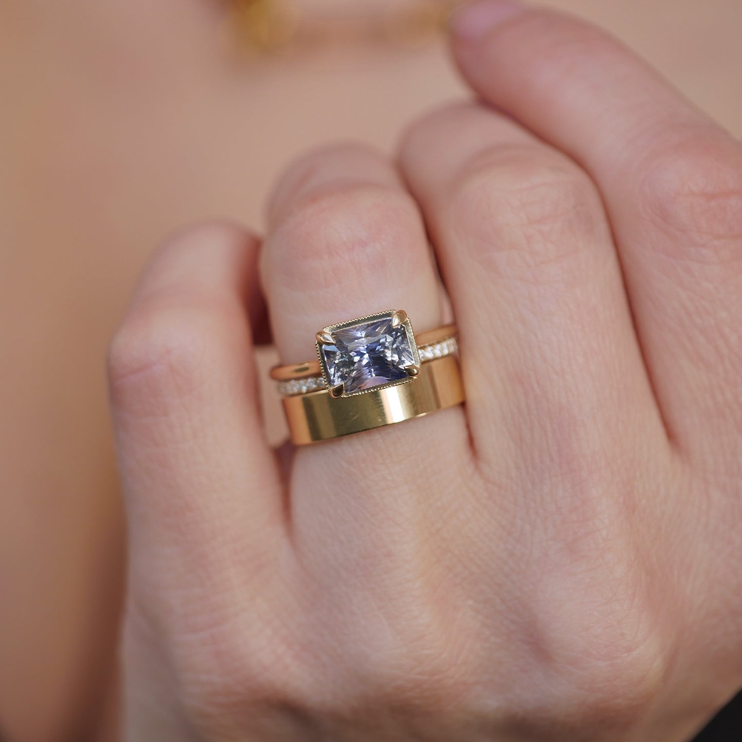 East West Radiant Bi Color Sapphire Solitaire