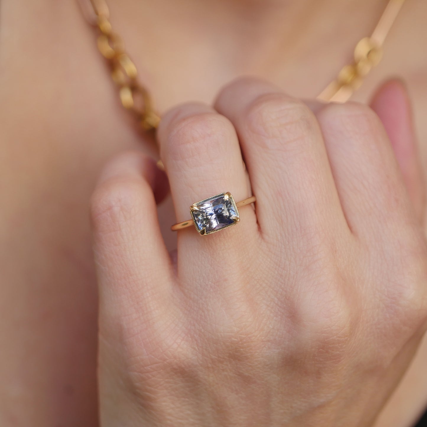East West Radiant Bi Color Sapphire Solitaire