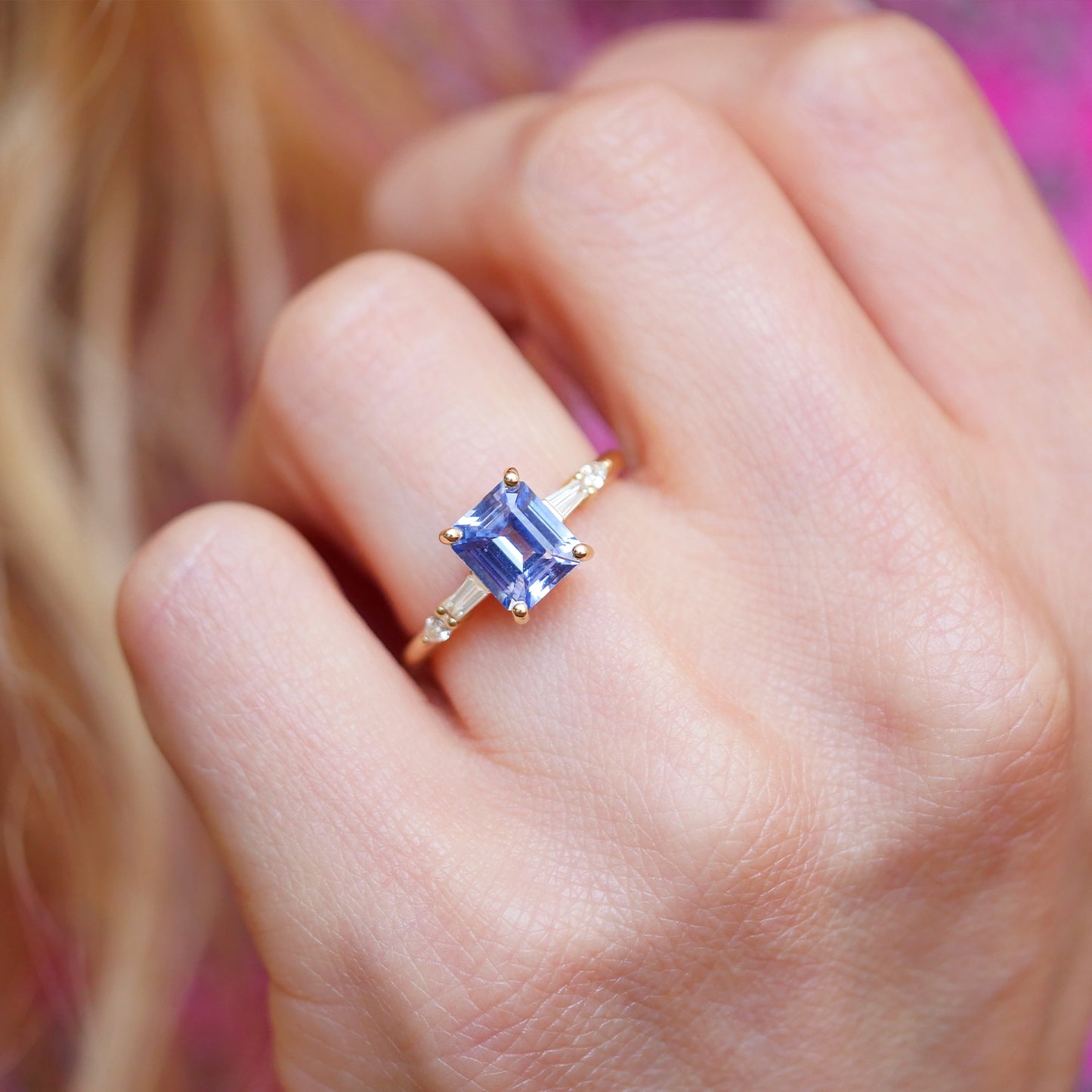 Custom Emerald Cut Sapphire and Baguette Diamond Ring