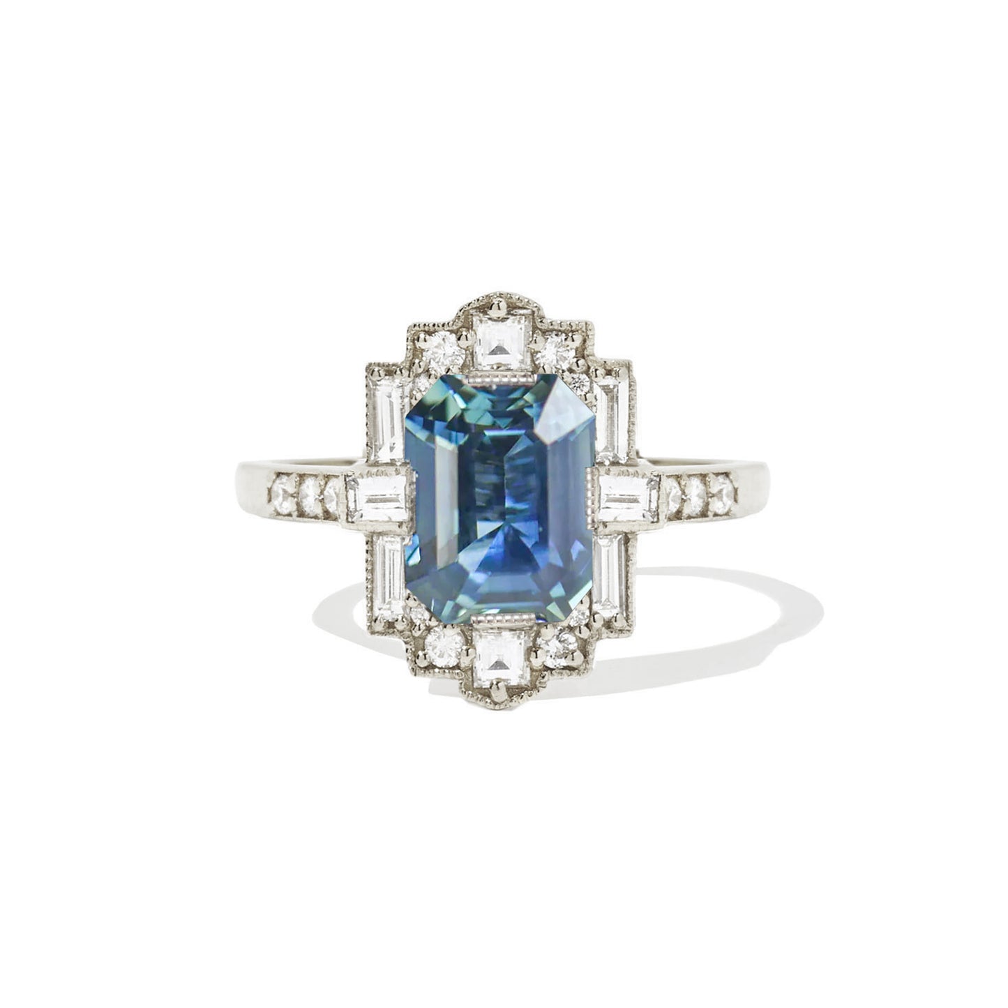 Emerald Cut Teal Sapphire Deco Halo Engagement Ring