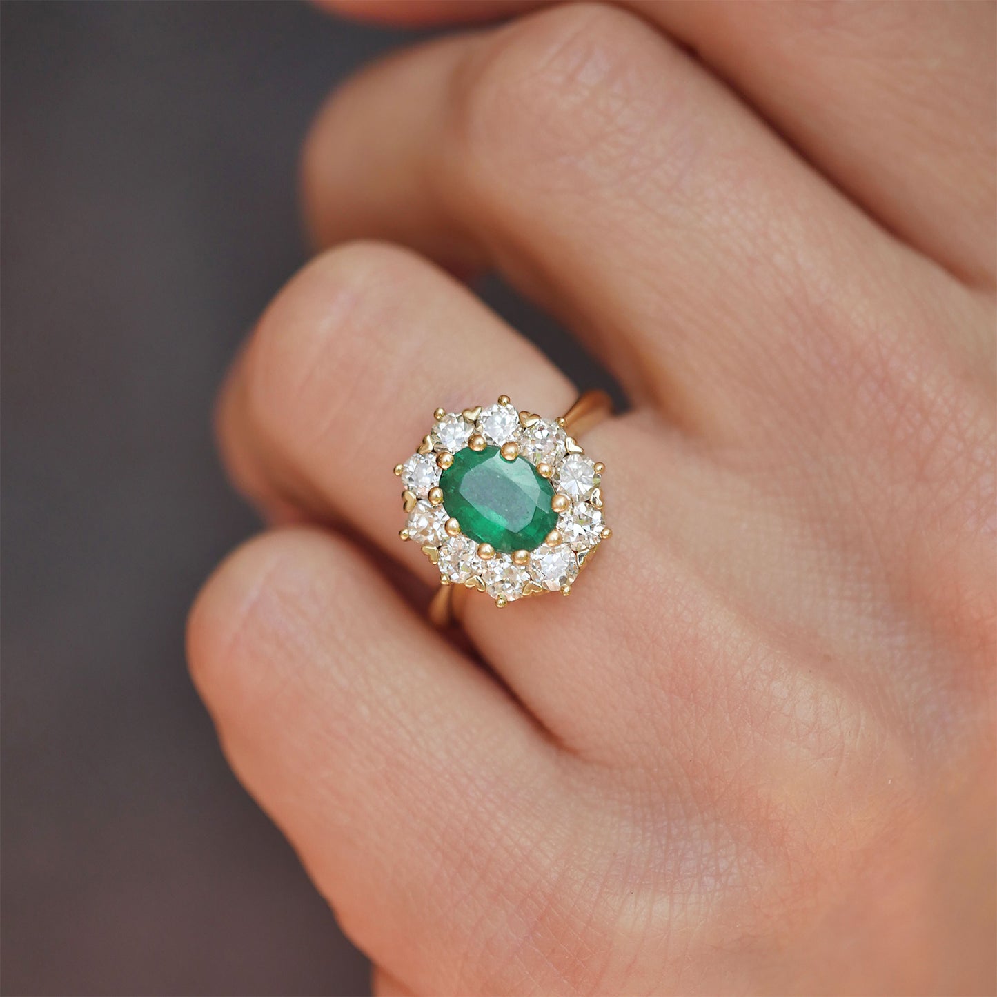 Emerald & Old European Cut Diamond Cluster Ring