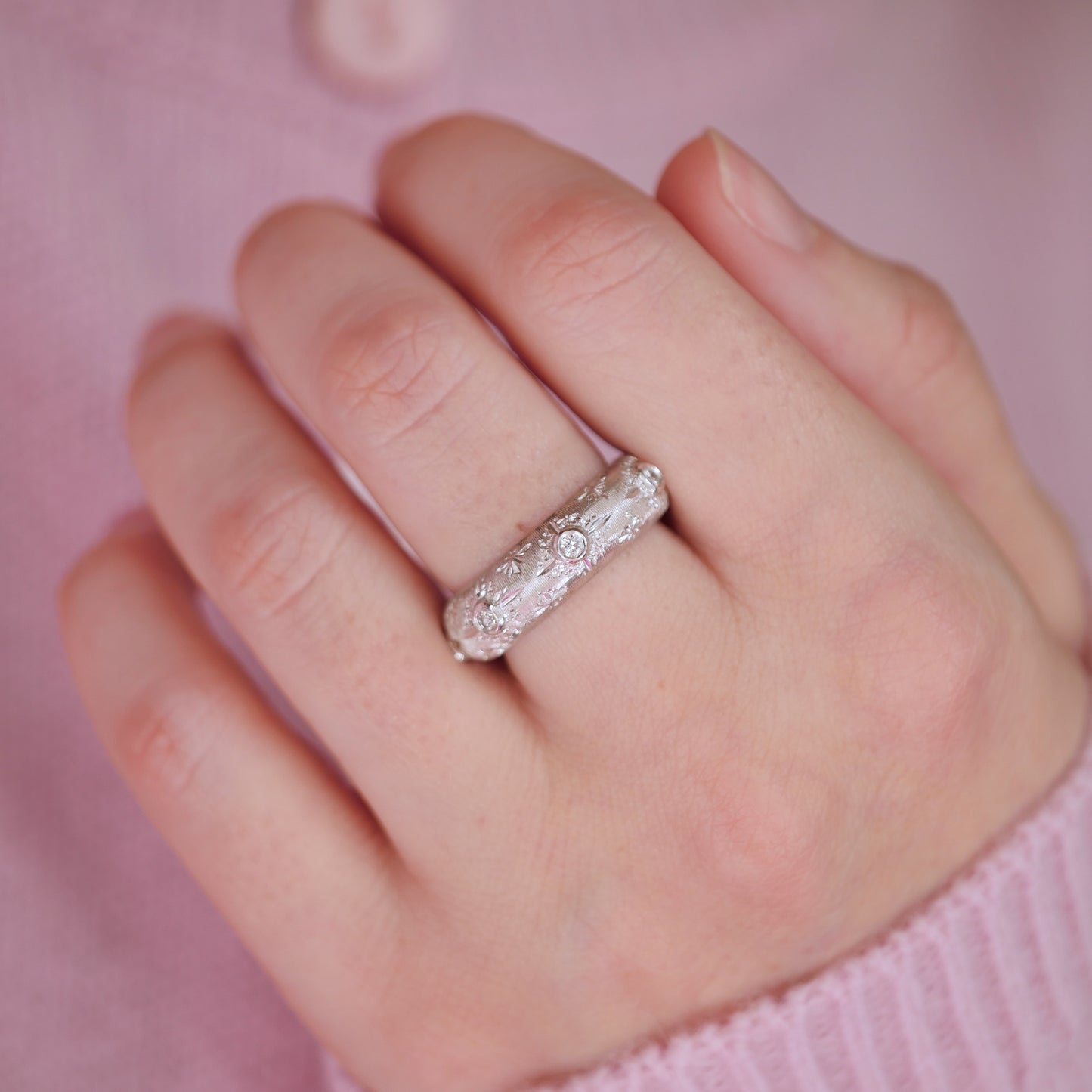 Vintage Hand Engraved Florentine Diamond Ring