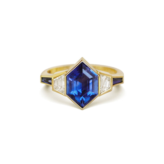 Hexagon Blue Sapphire & Tapered Baguette Diamond Ring