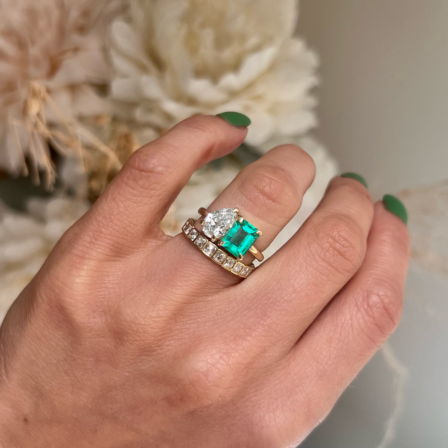Colombian Emerald & Pear Diamond Toi et Moi Ring