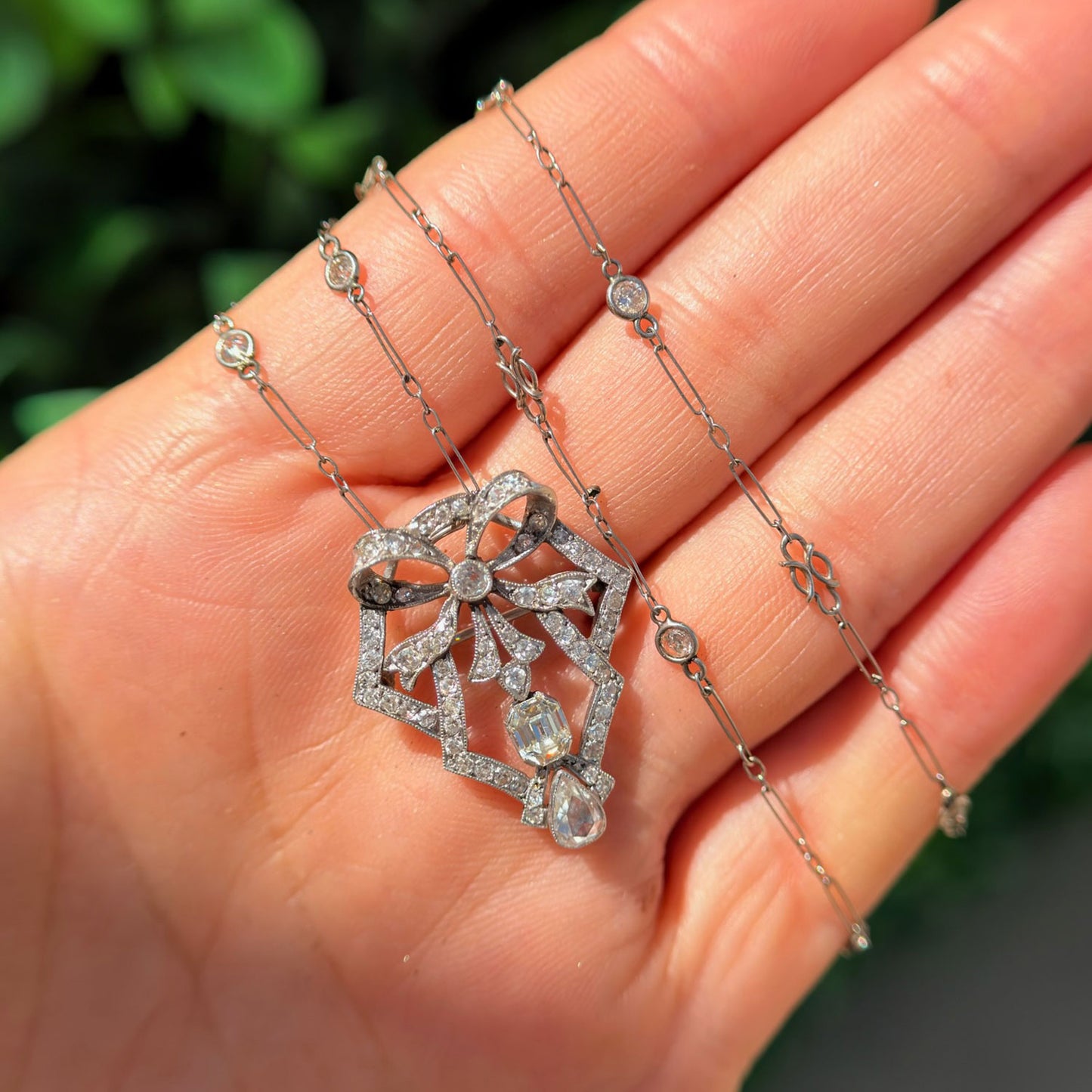 Antique Diamond Bow Pendant Necklace