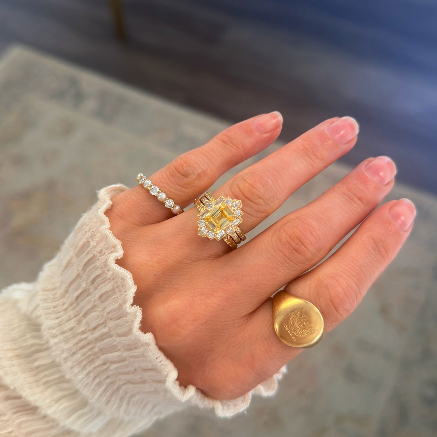 Yellow Sapphire Deco Emerald & Pear Diamond Mosaic Ring