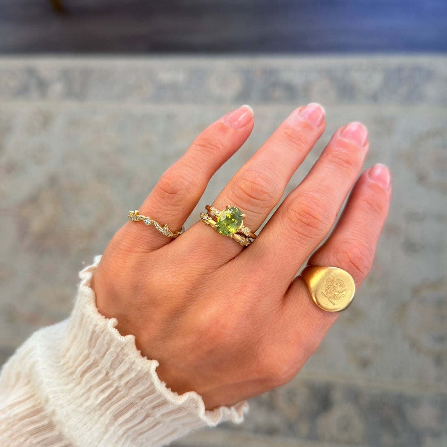 Oval Opalescent Green Sapphire Wild Vine Ring