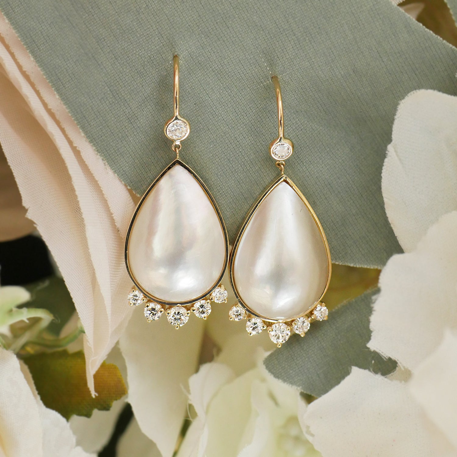 Large Pearl & Diamond Tear Drop Earrings