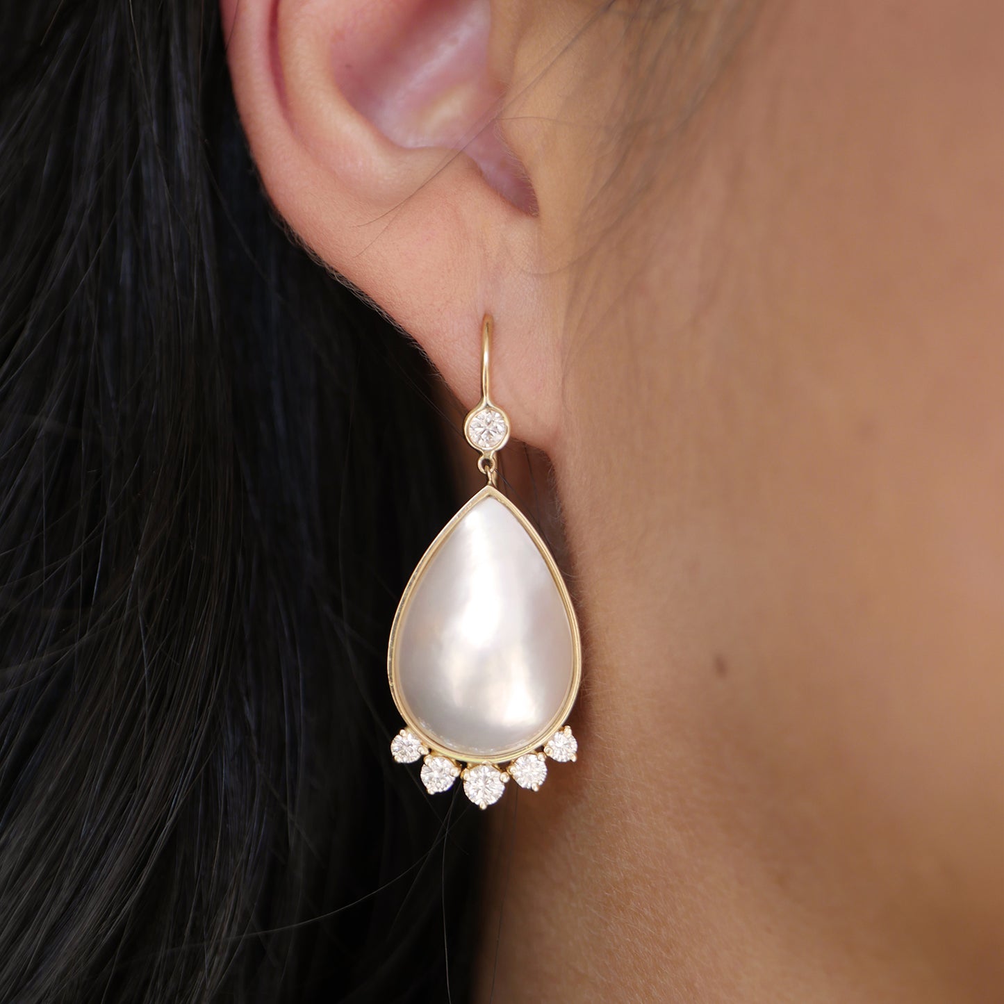 Large Pearl & Diamond Tear Drop Earrings