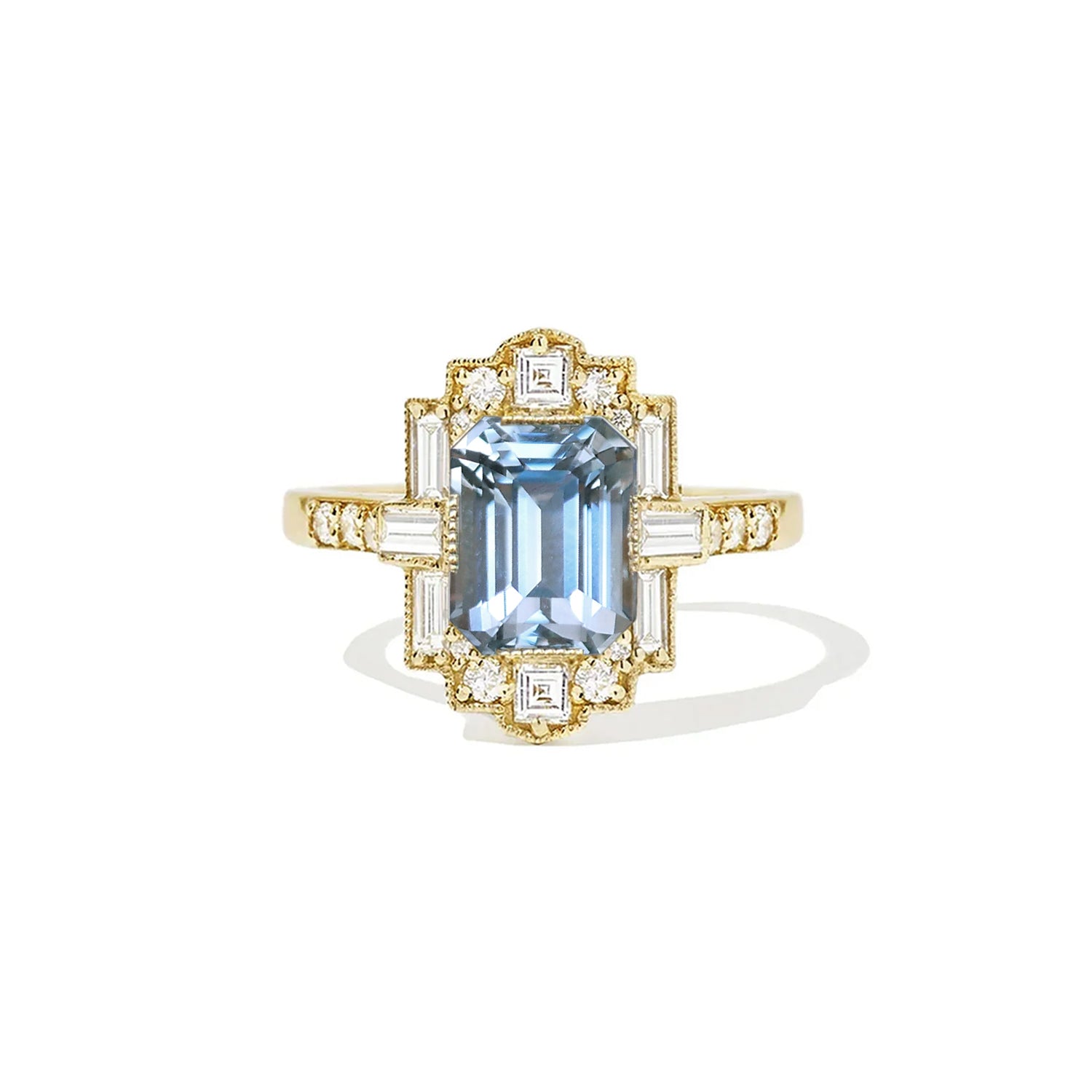 Light Blue Sapphire Deco Emerald Cut Diamond Mosaic Ring