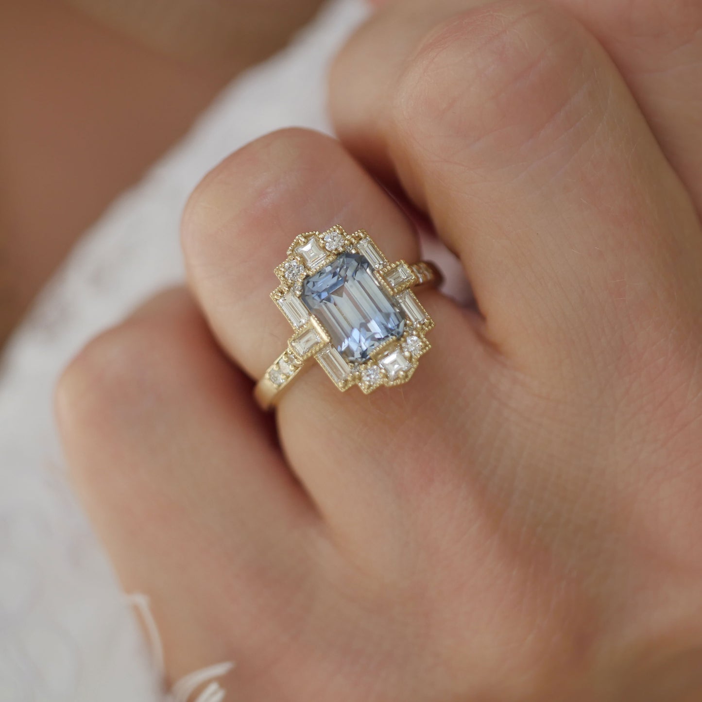 Light Blue Sapphire Deco Emerald Cut Diamond Mosaic Ring