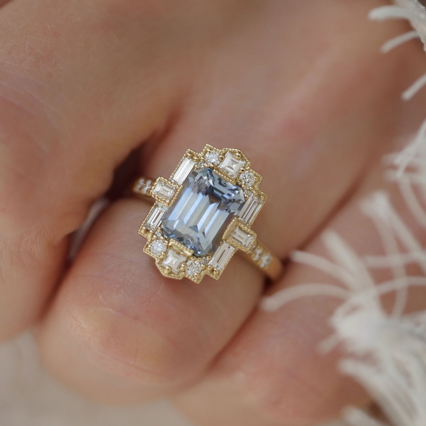 Light Blue Sapphire Deco Emerald Cut Diamond Mosaic Ring