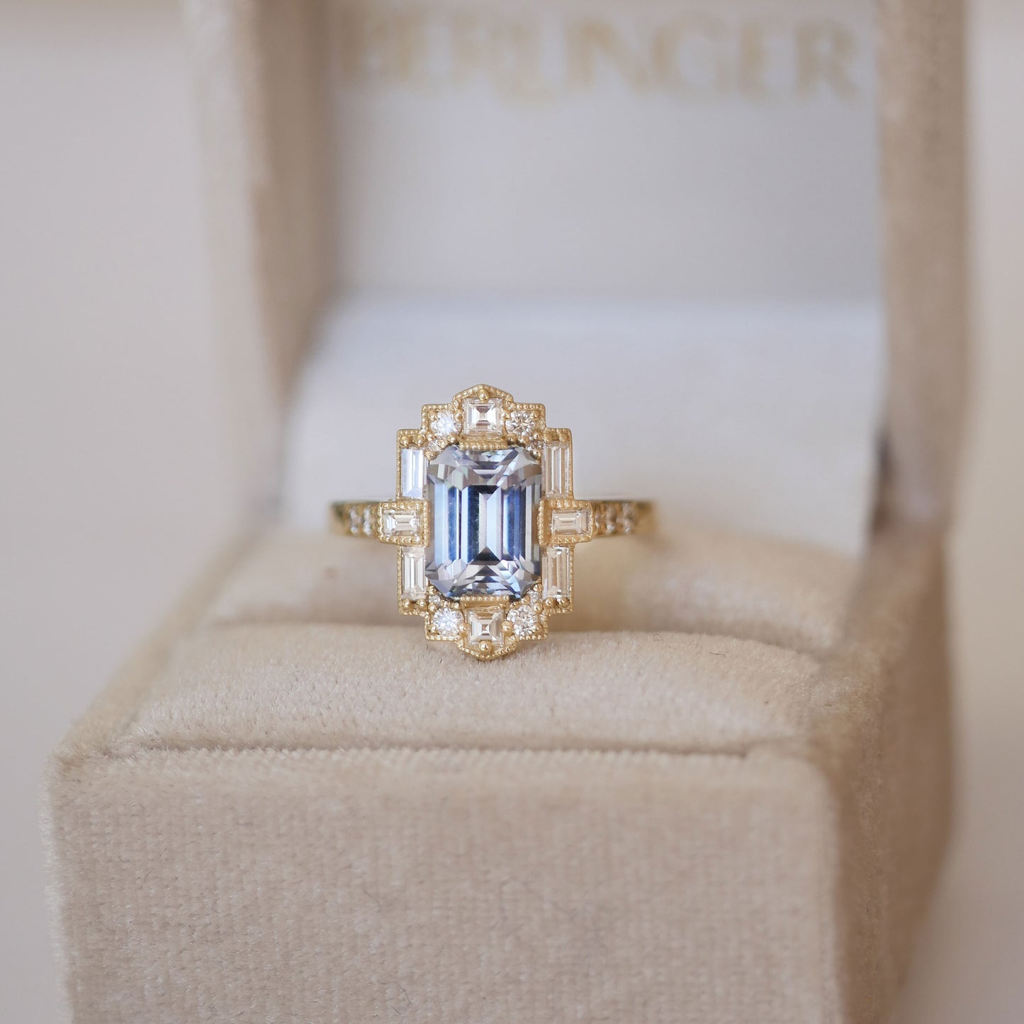 Light Blue Sapphire Deco Emerald Cut Diamond Mosaic Ring
