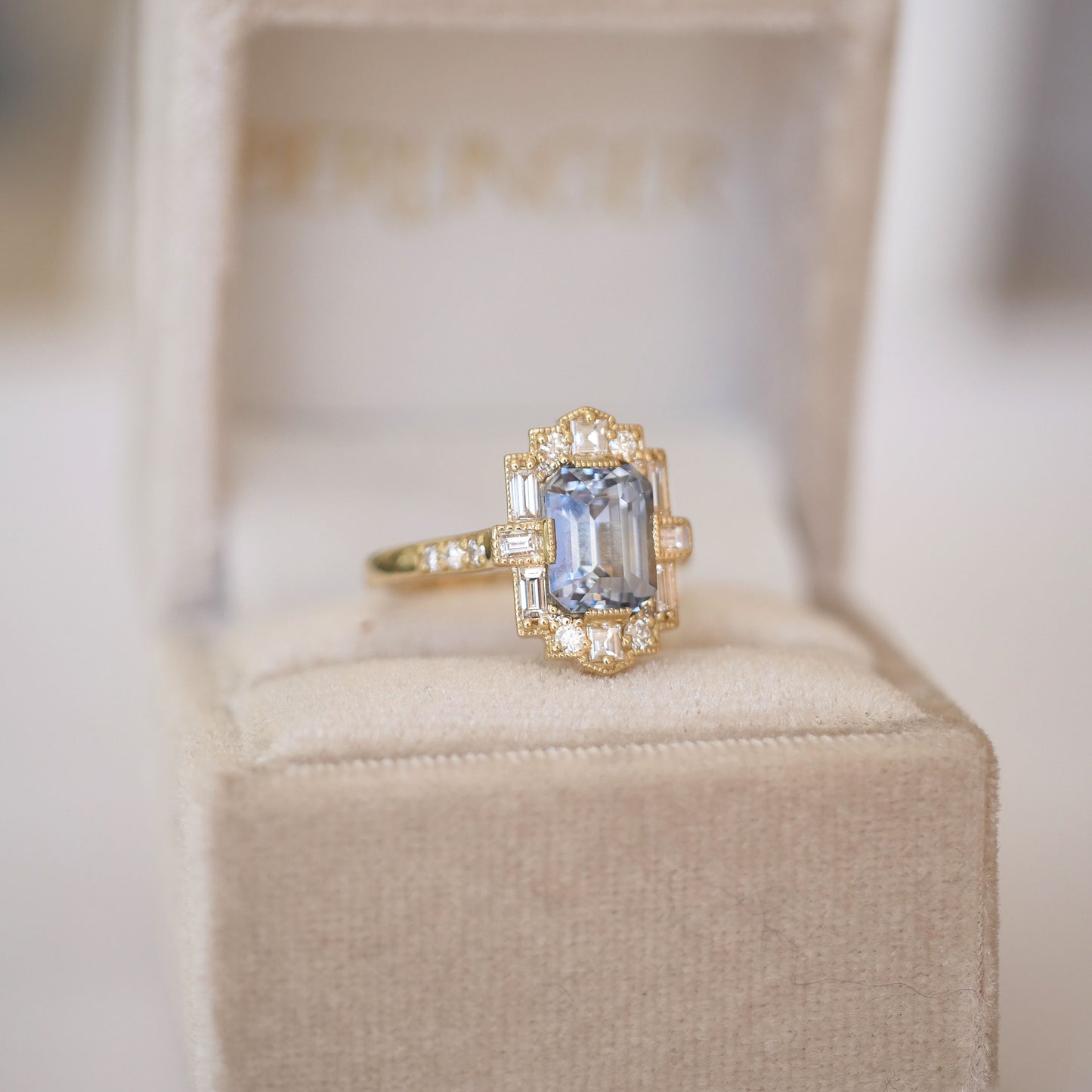 Light Blue Sapphire Deco Emerald Cut Diamond Mosaic Ring