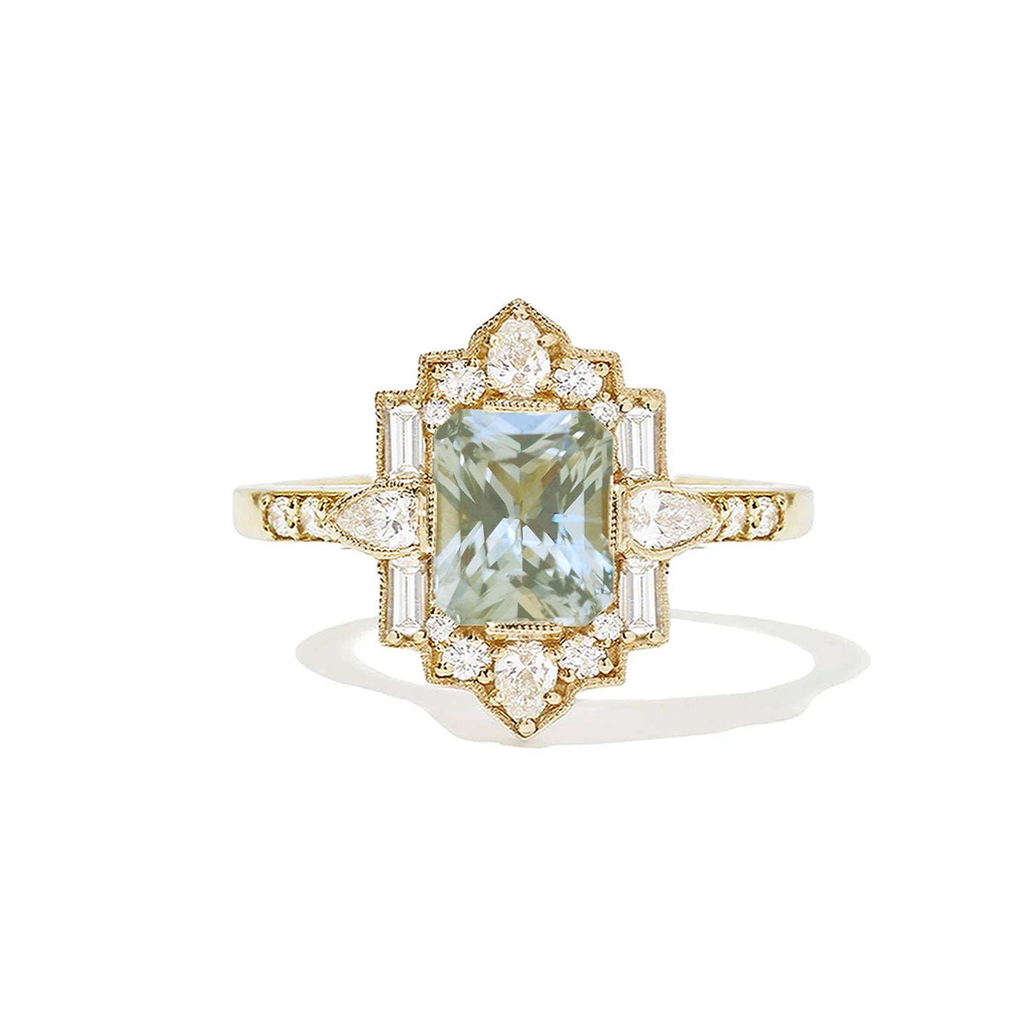Light Sage Green Radiant Deco Emerald & Pear Diamond Mosaic Ring