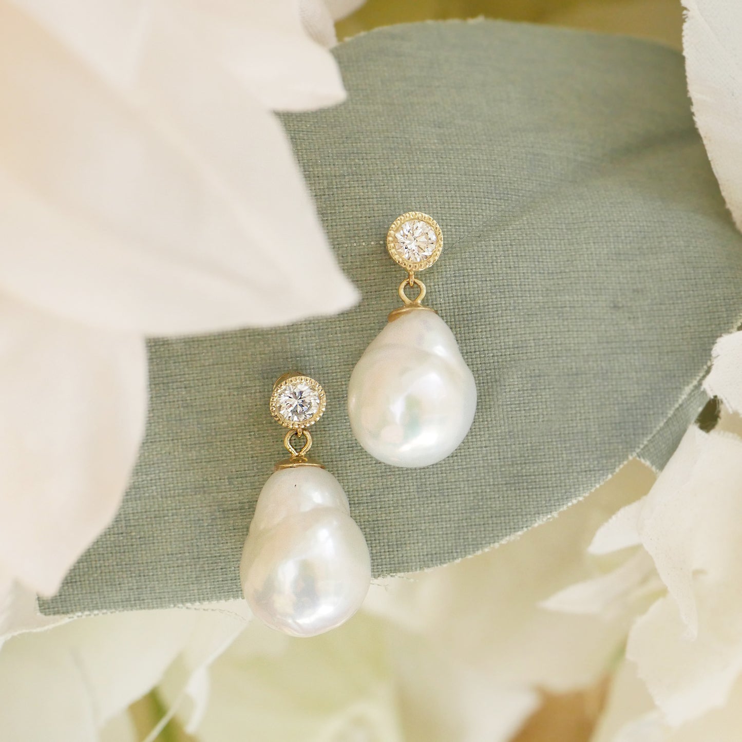 Baroque Pearl & Diamond Drop Earrings