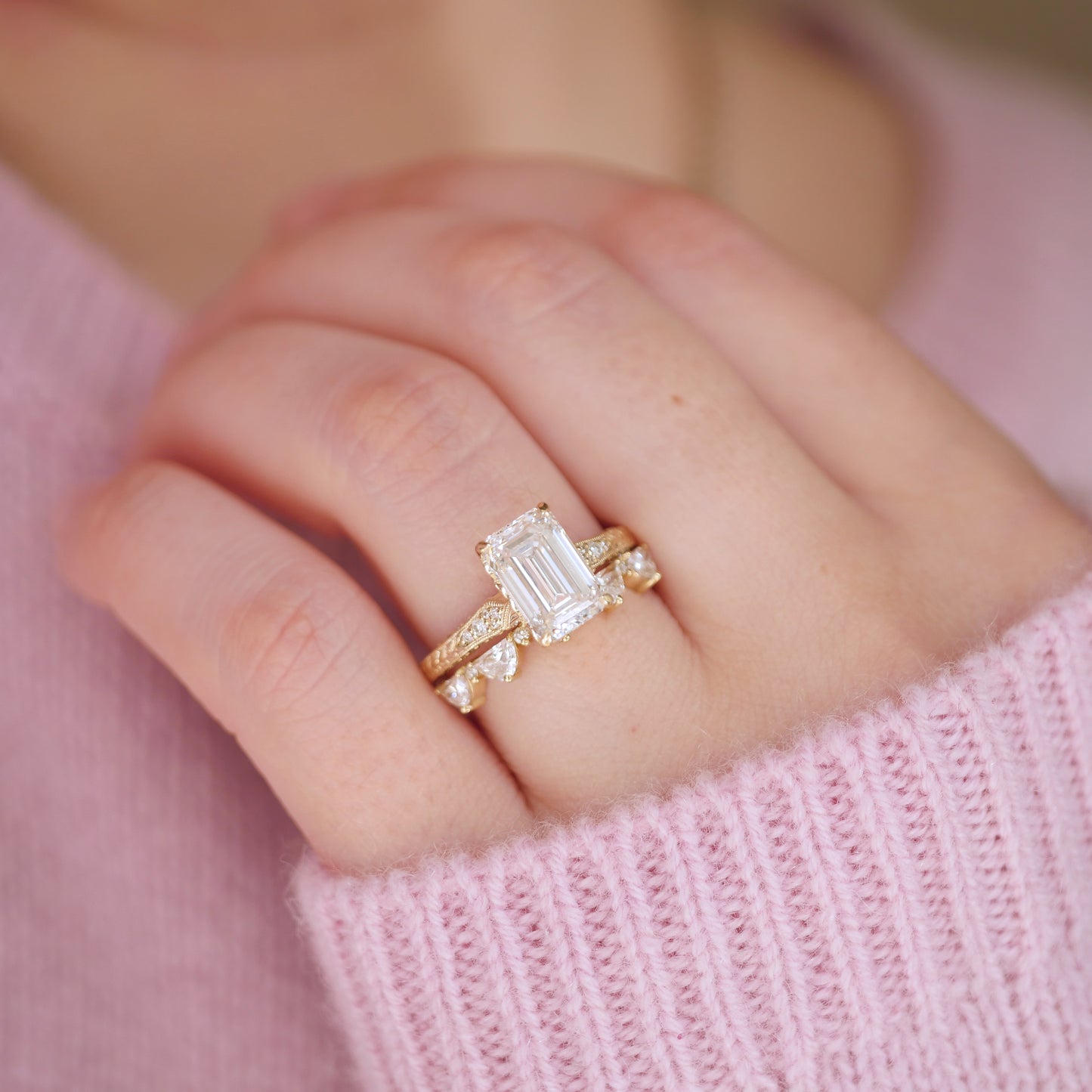 Plumeria Emerald Cut Diamond Ring