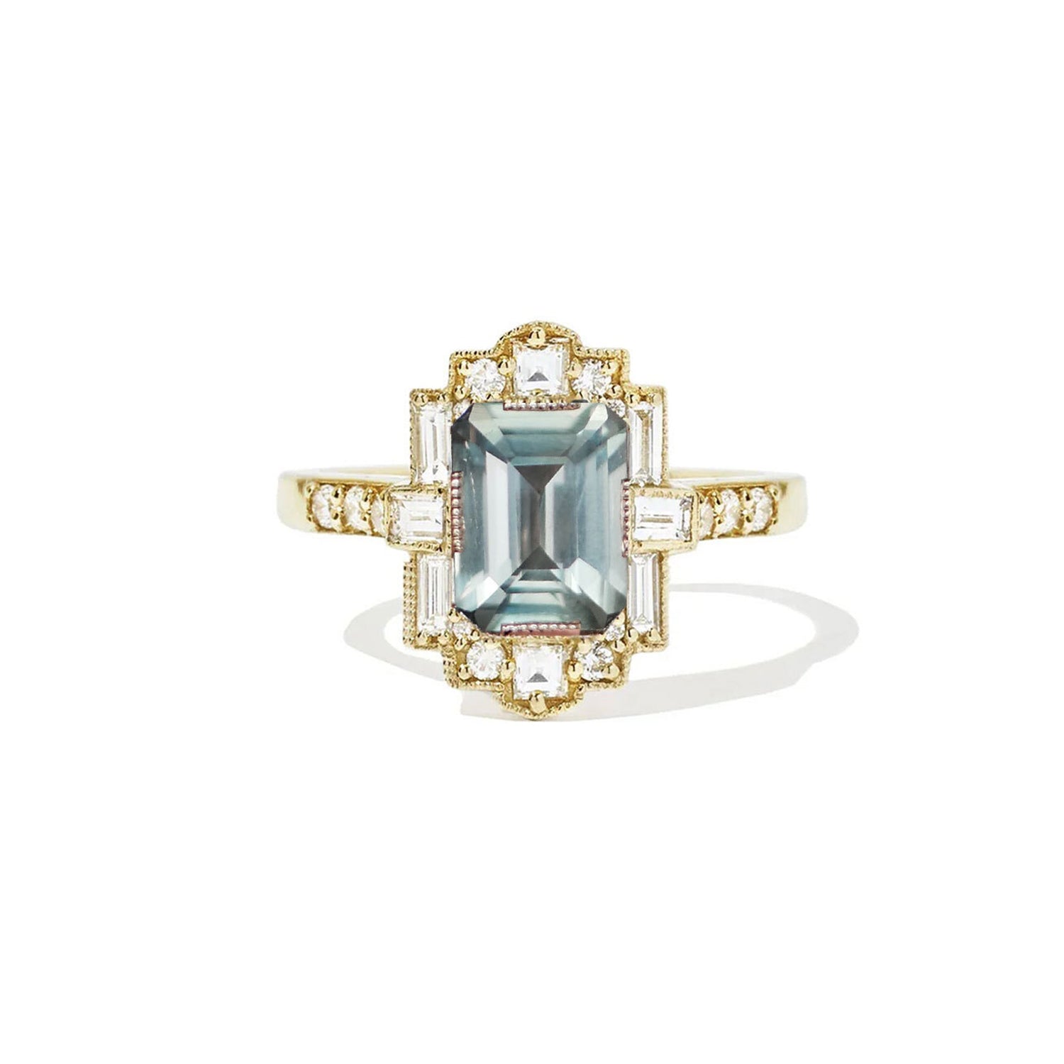 Opalescent Moss Green Sapphire Deco Emerald Cut Diamond Mosaic Ring