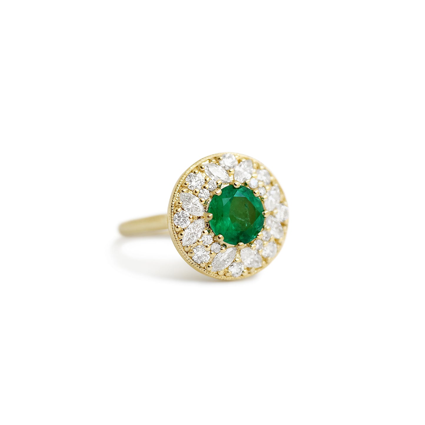 Emerald Marquise & Round Rose Cut Diamond Mosaic Ring