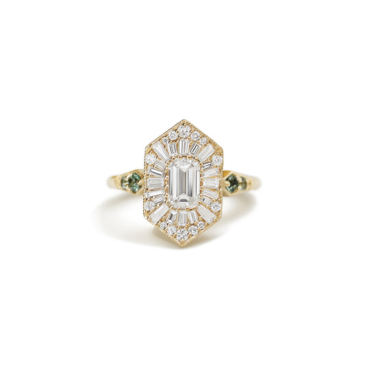 Custom Elongated Hexagon Emerald and Sapphire Ballerina Ring