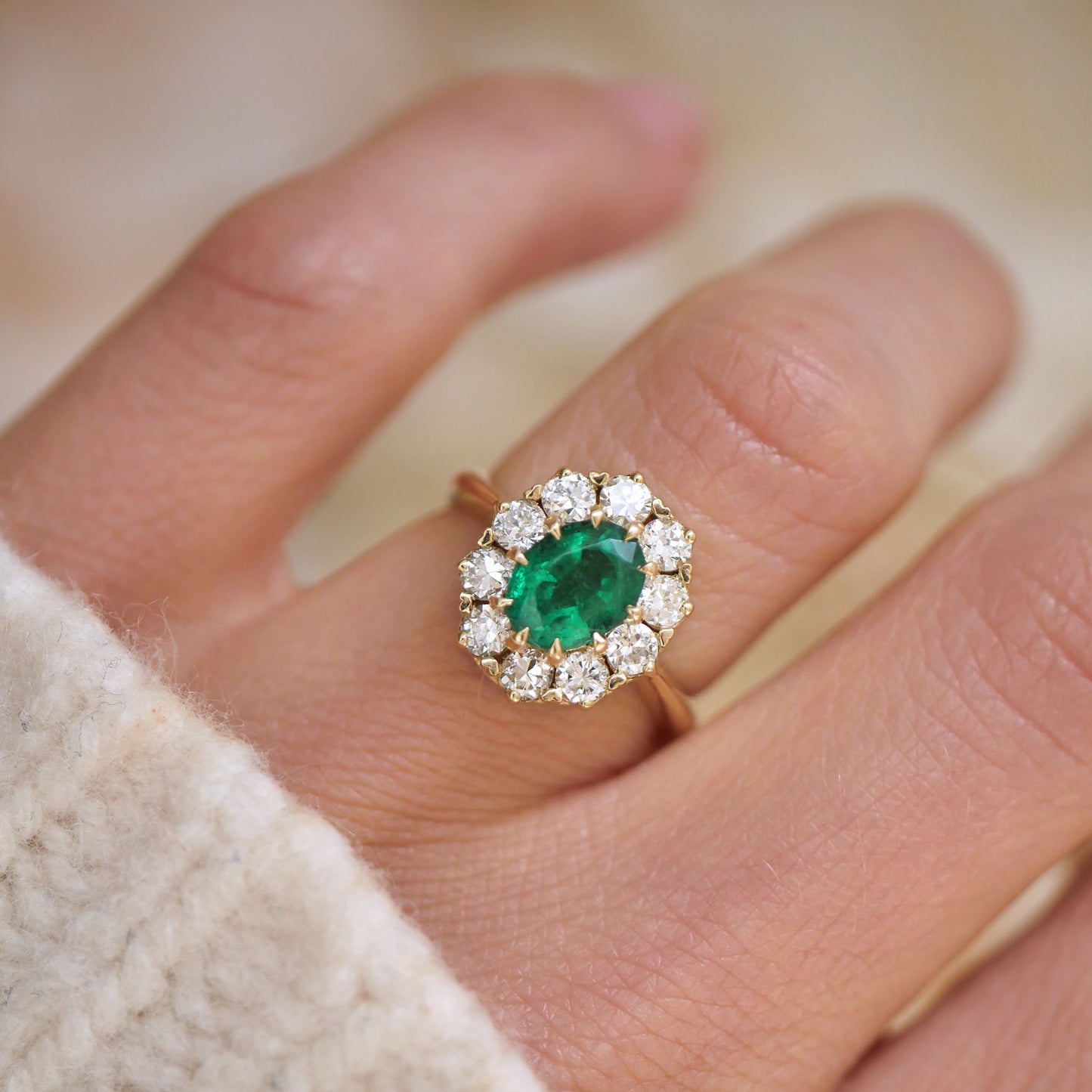 Emerald & Old European Cut Diamond Cluster Ring