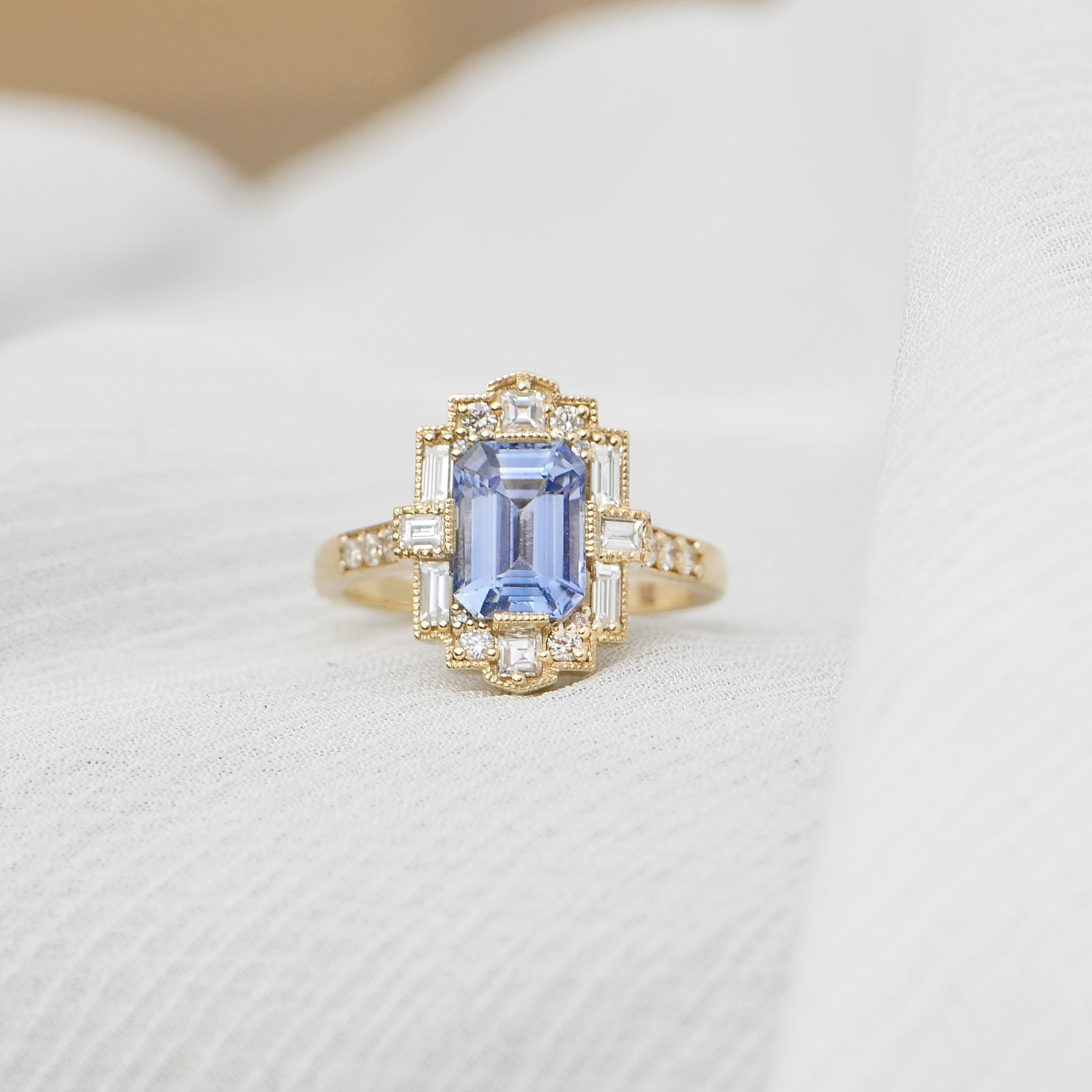 Cornflower Blue Sapphire Deco Emerald Cut Diamond Ring