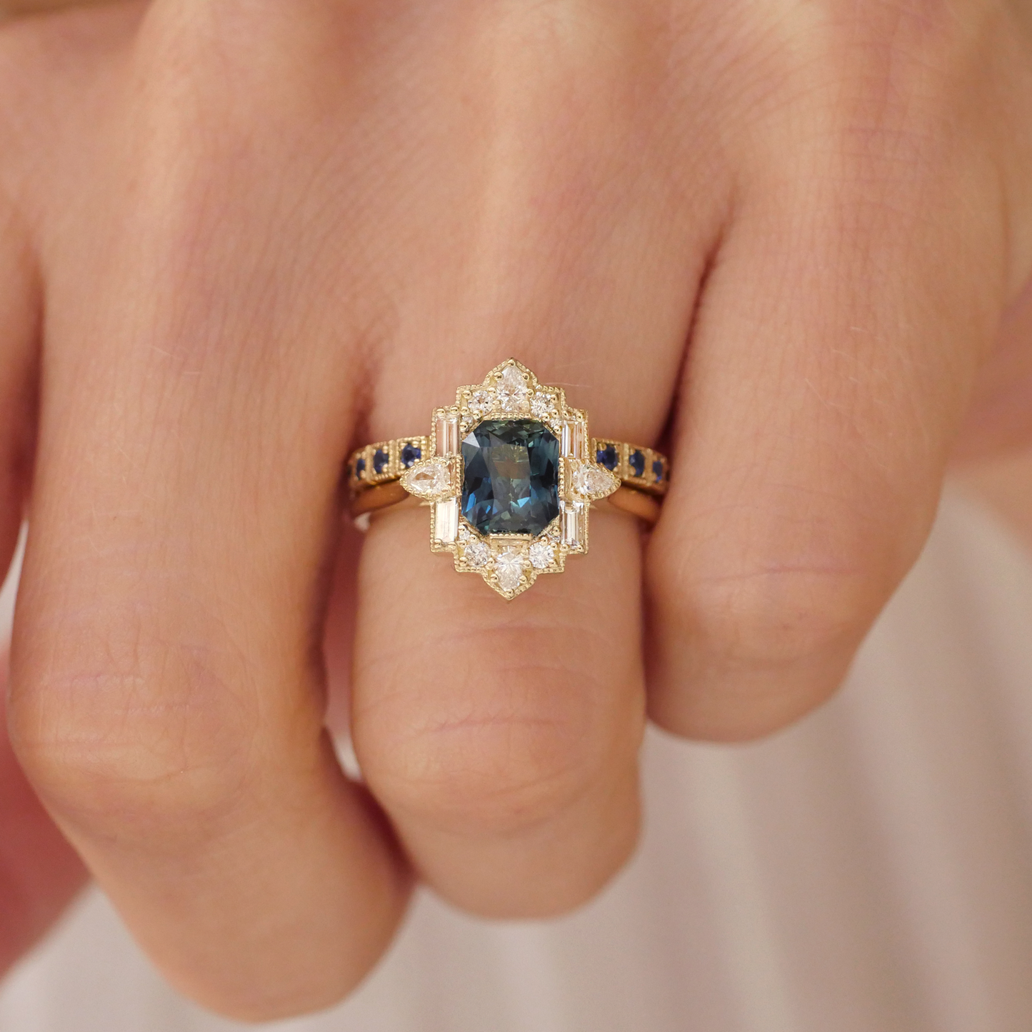 Radiant Teal Sapphire Deco Pear & Emerald Diamond Mosaic Ring