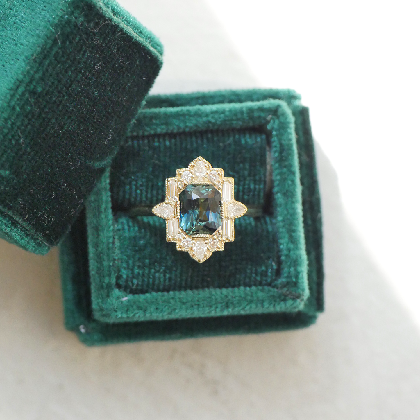 Radiant Teal Sapphire Deco Pear & Emerald Diamond Mosaic Ring