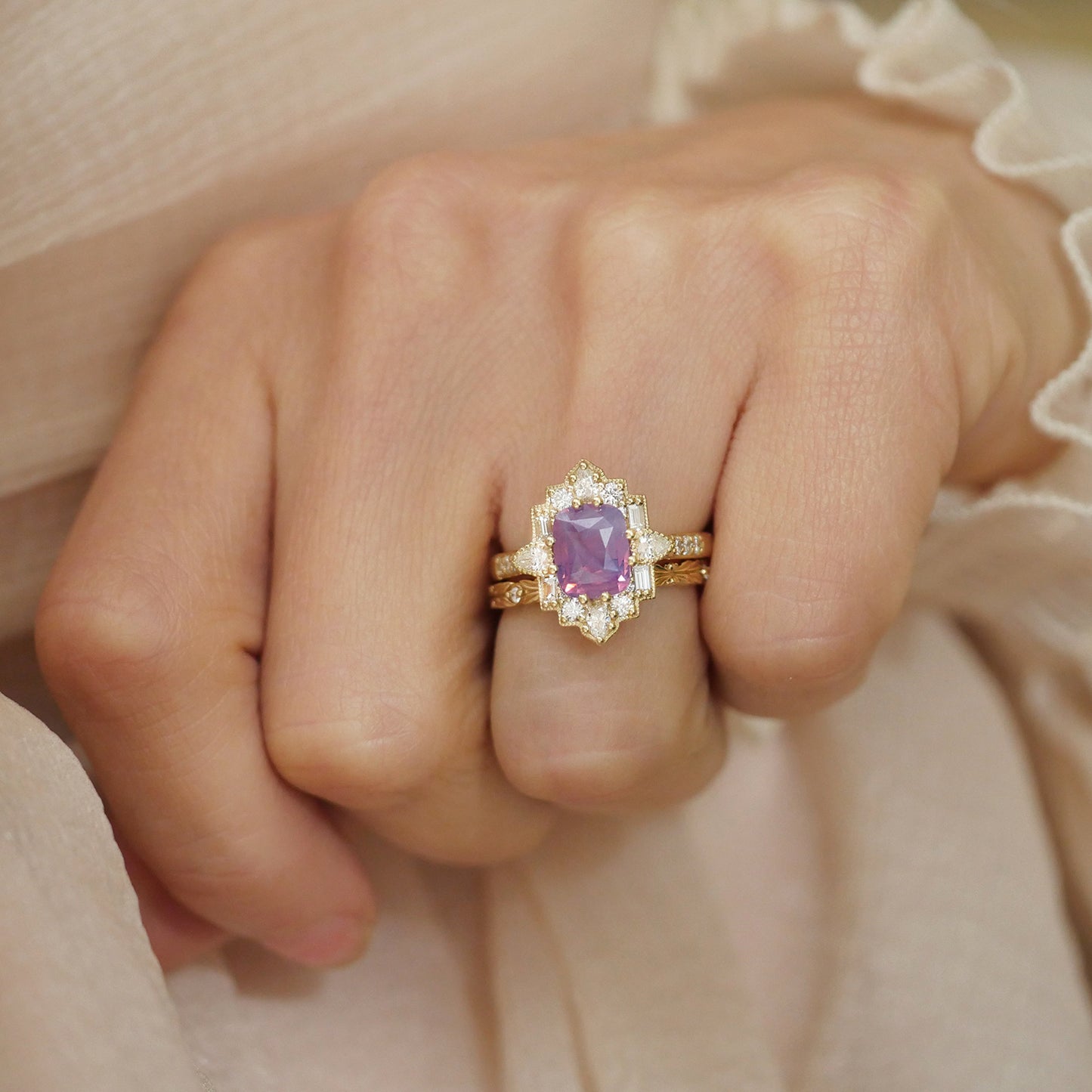 Purple Milky Sapphire Deco Pear & Emerald Diamond Mosaic Ring