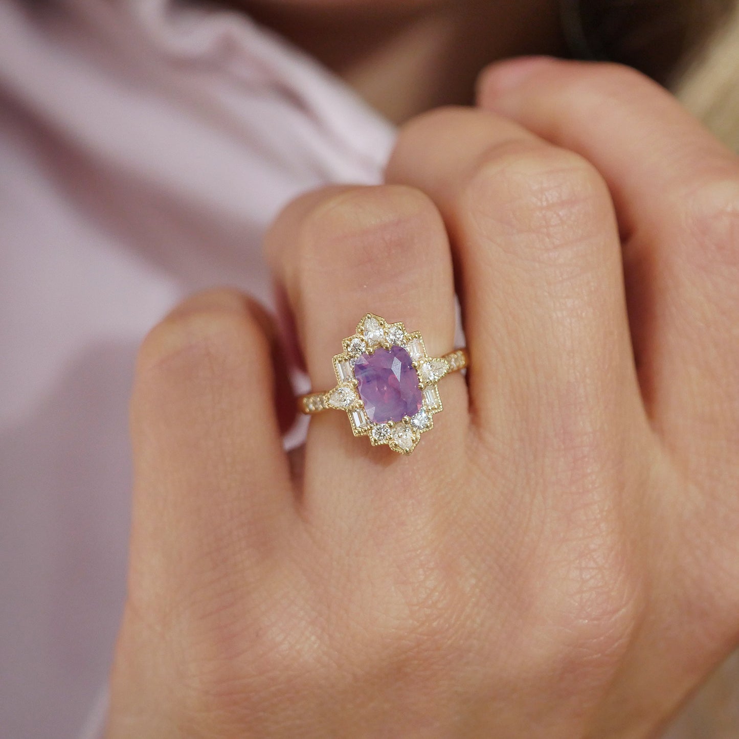 Purple Milky Sapphire Deco Pear & Emerald Diamond Mosaic Ring