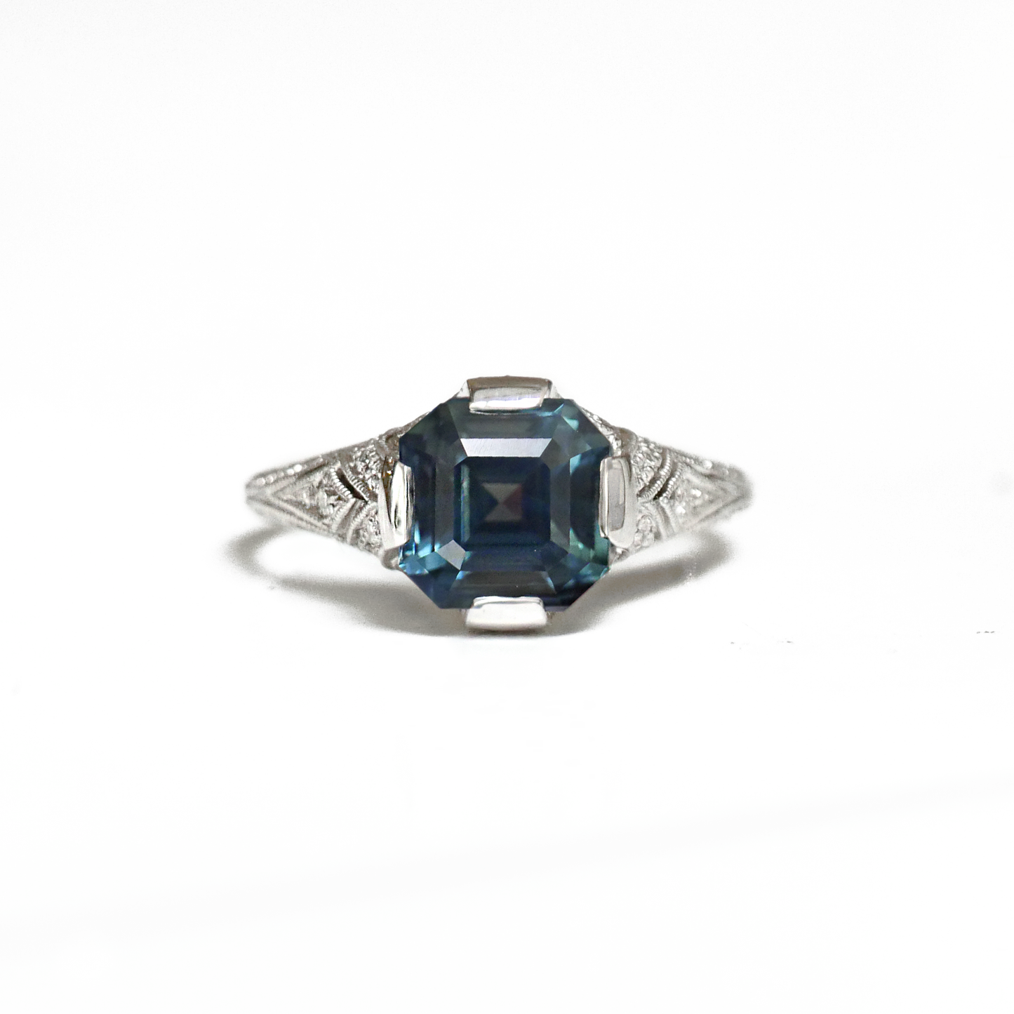 Teal Asscher Sapphire Engraved Deco Ring