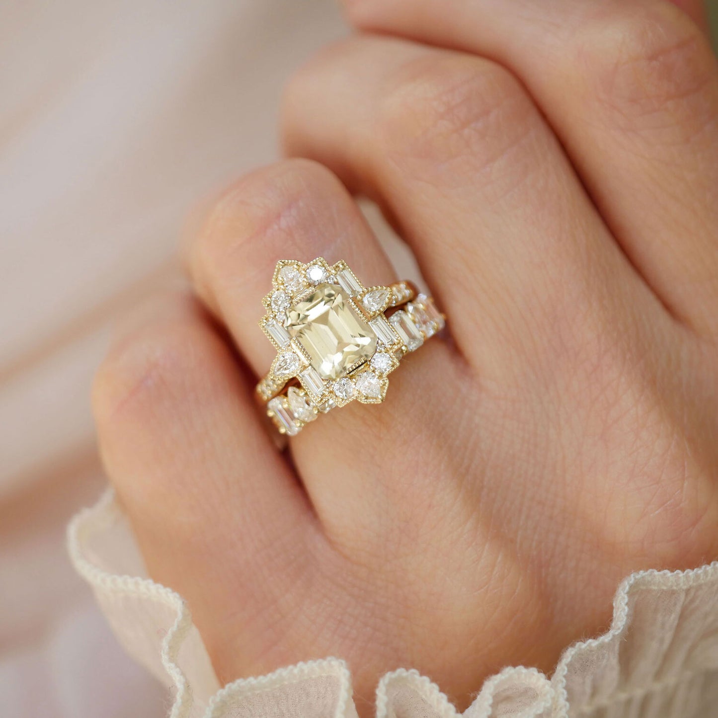 Yellow Sapphire Deco Emerald & Pear Diamond Mosaic Ring