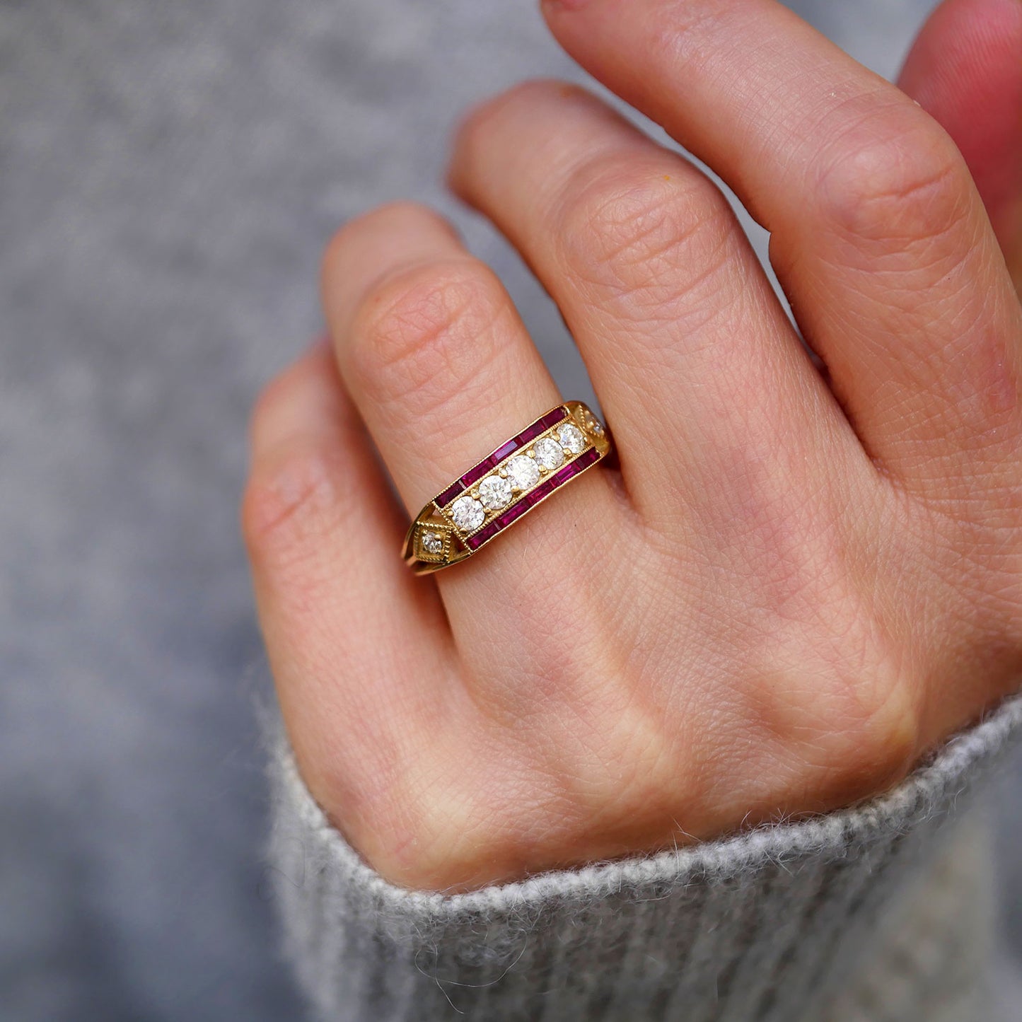 Art Deco Five Diamond Ring with French Cut Rubies