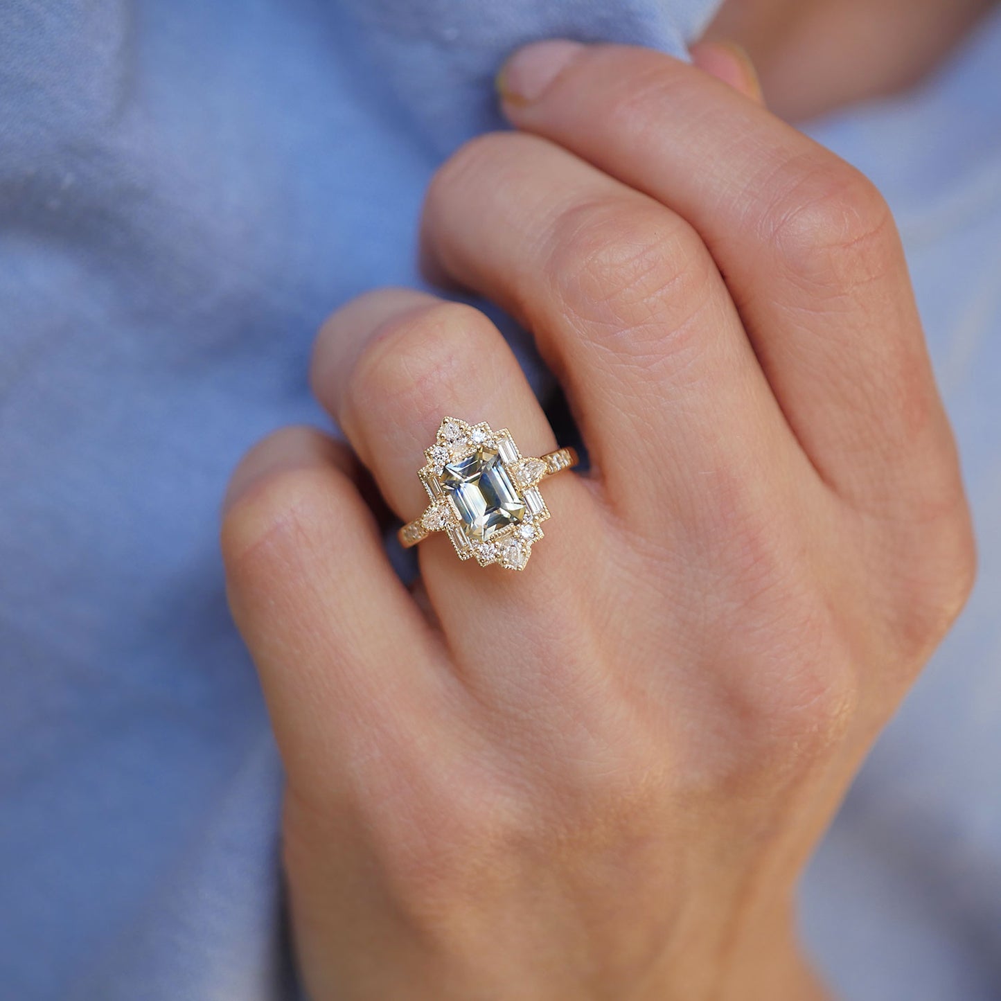 Tie Dye Emerald Cut Sapphire Deco Pear & Emerald Ring