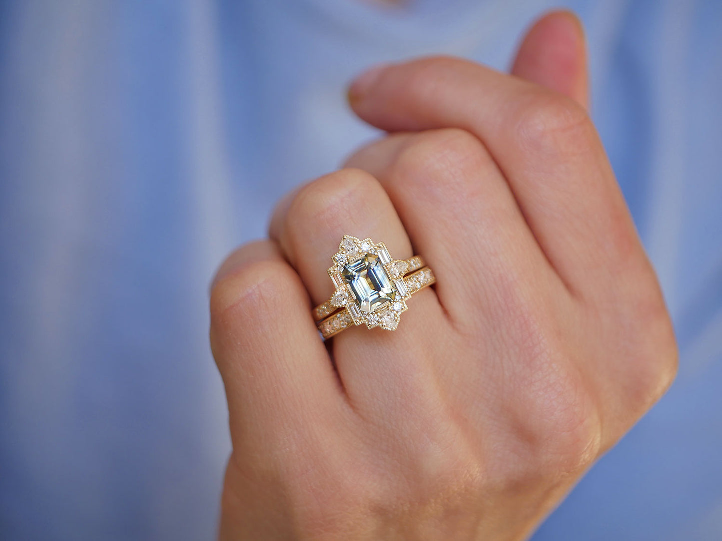 Tie Dye Emerald Cut Sapphire Deco Pear & Emerald Ring