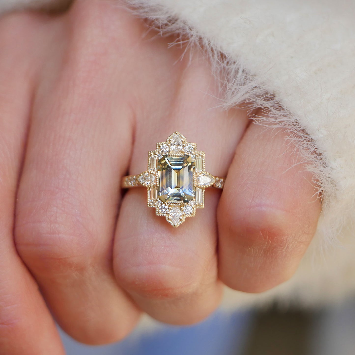 Tie Dye Emerald Cut Sapphire Deco Pear & Emerald Ring