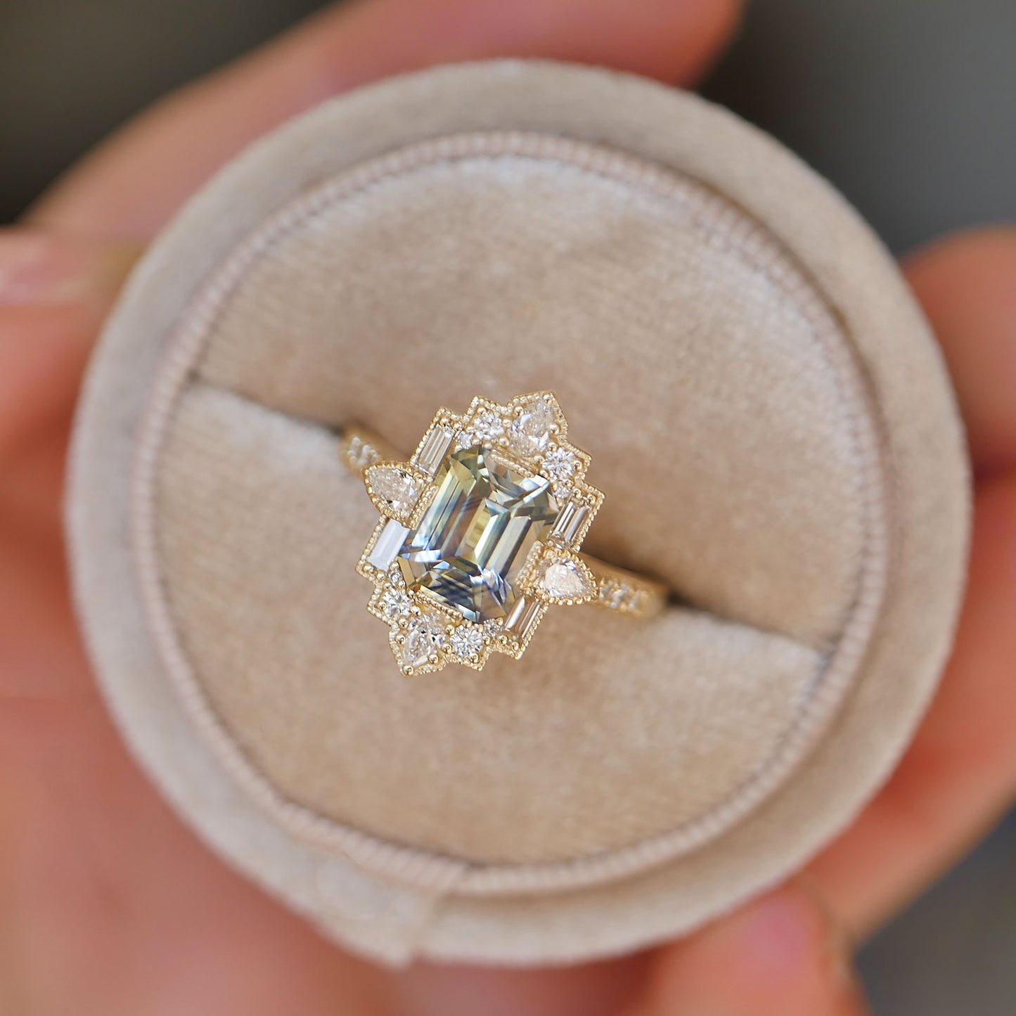 Tie Dye Emerald Cut Sapphire Deco Pear & Emerald Ring