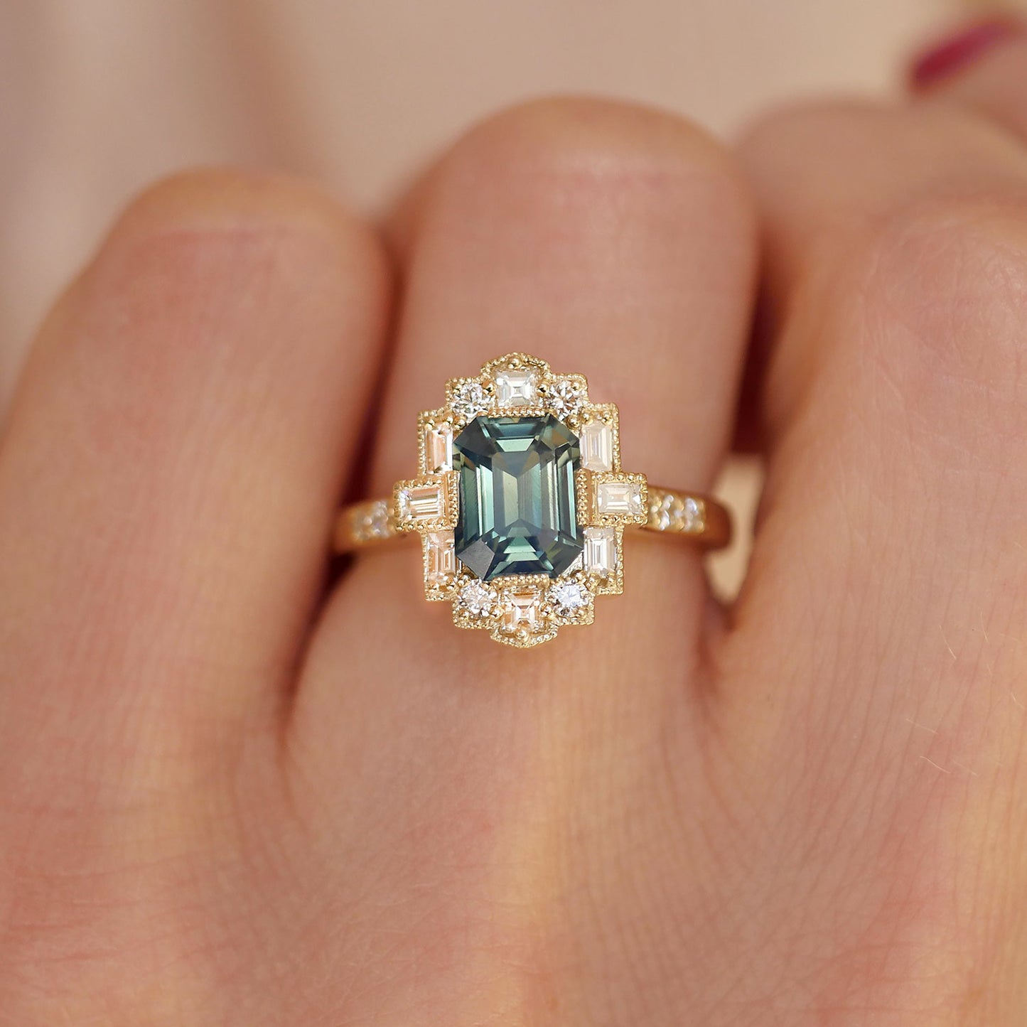 Opalescent Teal Sapphire Deco Emerald Cut Diamond Mosaic Ring