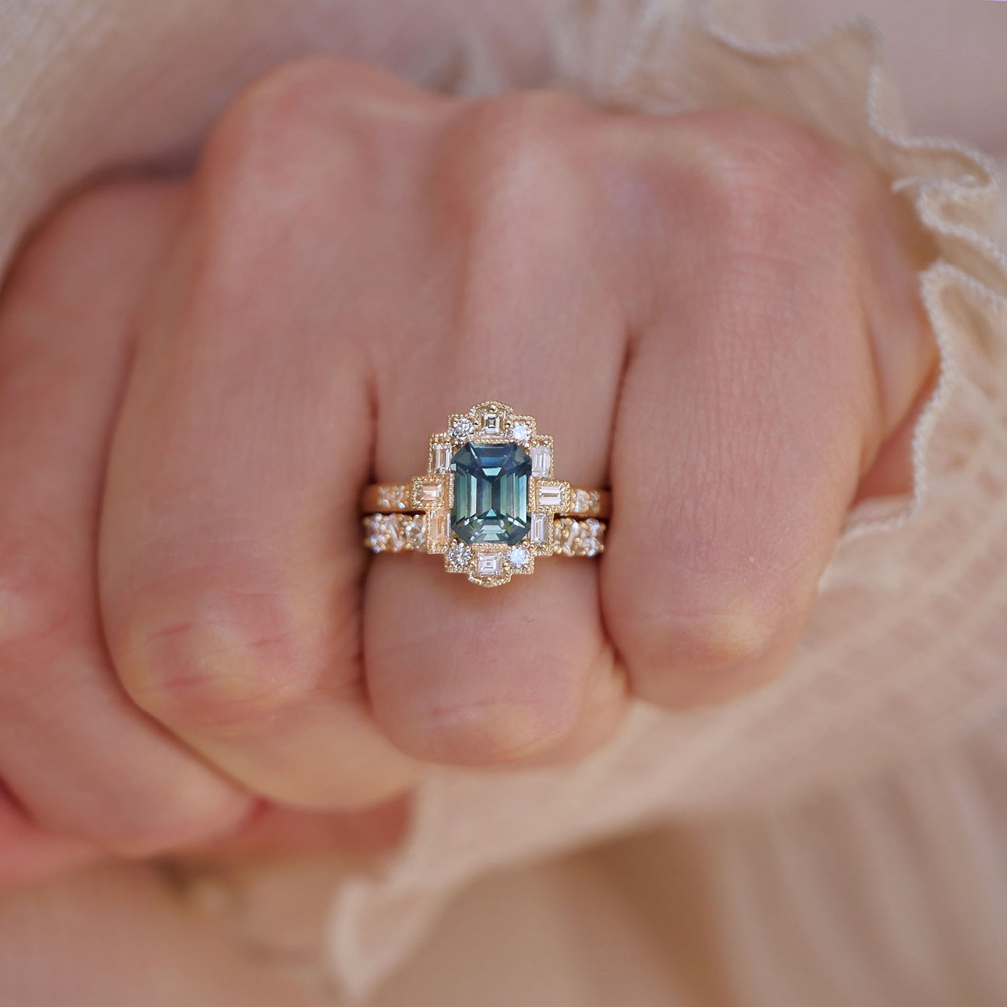 Opalescent Teal Sapphire Deco Emerald Cut Diamond Mosaic Ring