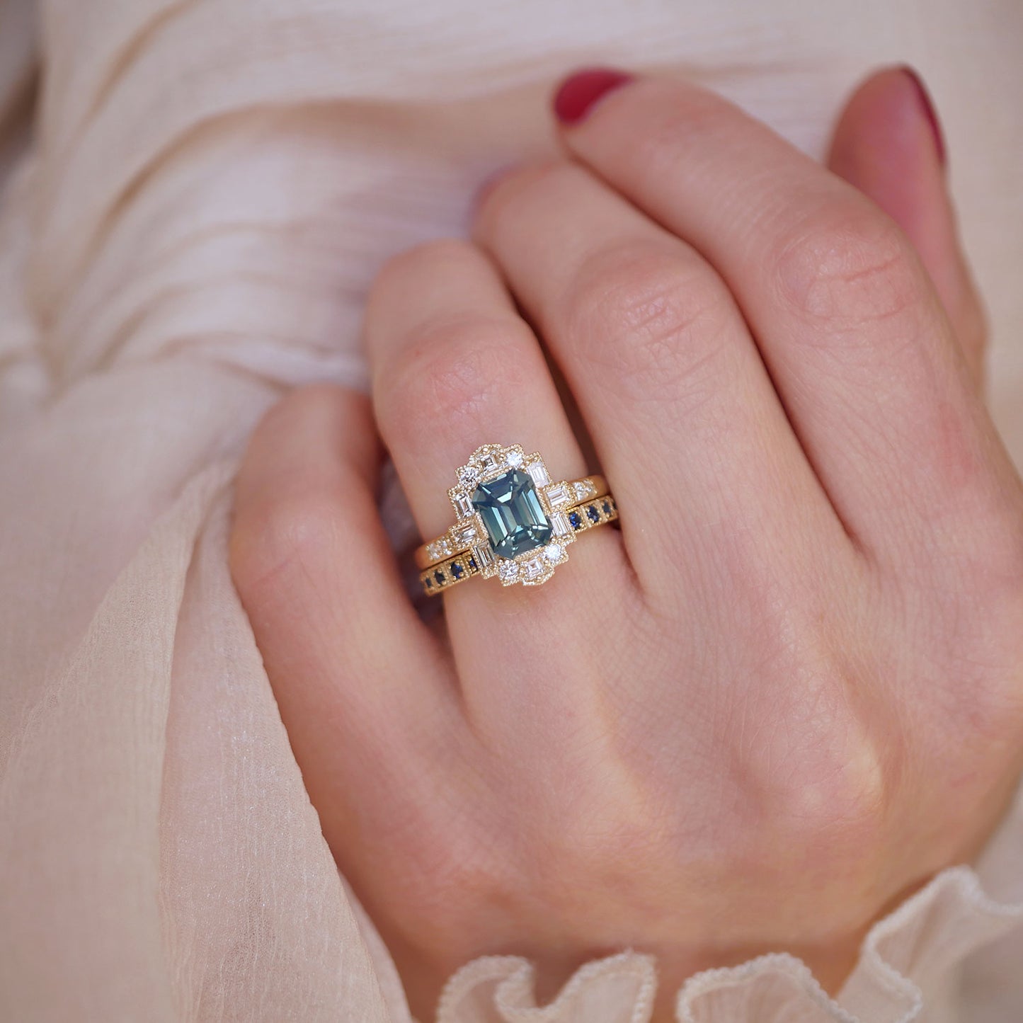 Opalescent Teal Sapphire Deco Emerald Cut Diamond Mosaic Ring